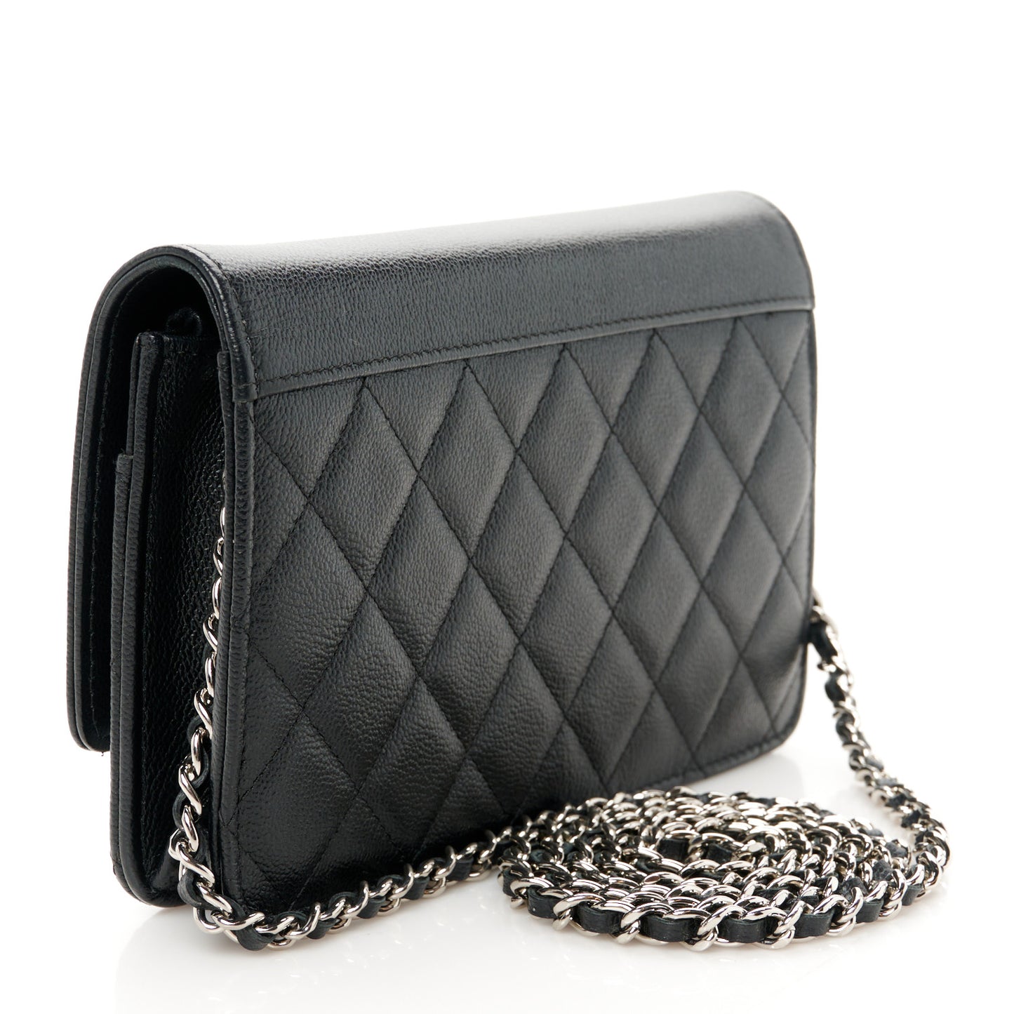 Grained Calfskin Quilted CC Box Wallet On Chain WOC Black