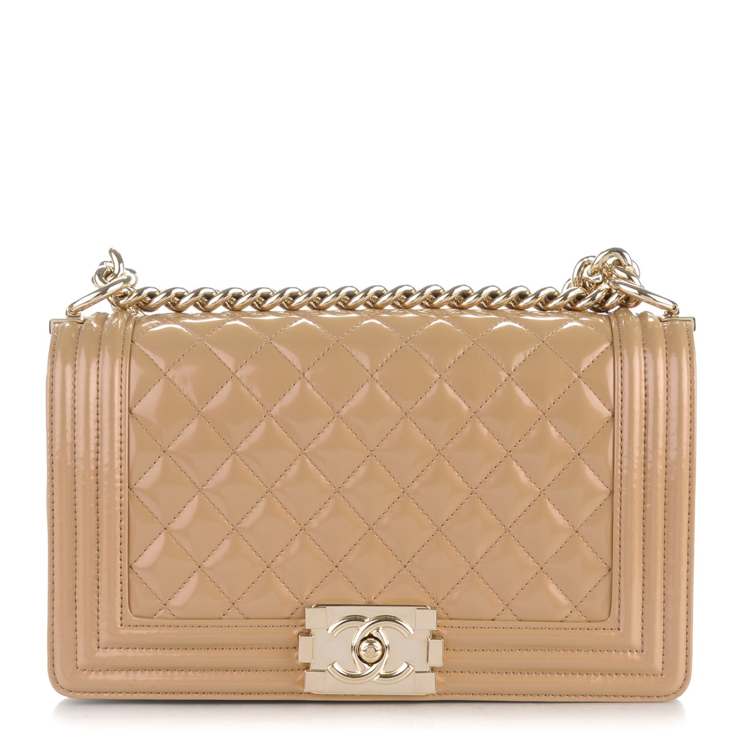 Iridescent Glazed Calfskin Quilted New Medium Boy Flap Dark Beige