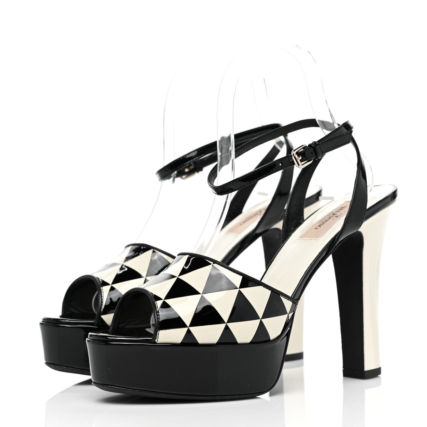 Valentino Garavani Patent Chevron Shiny Fever Ankle Strap 85/115mm Platform Sandals 38.5 Black Light Ivory 3 of 9