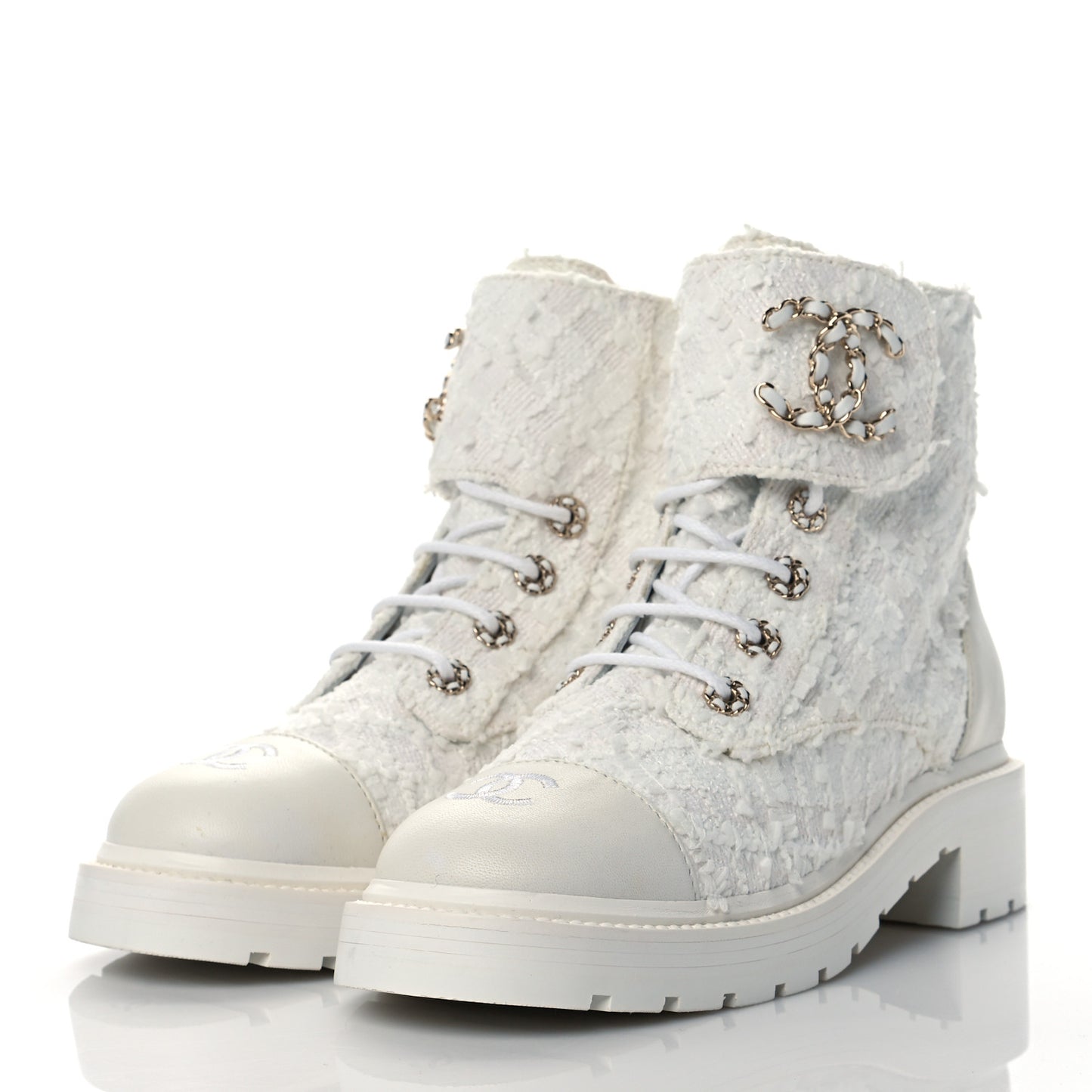 Tweed Lambskin Quilted Lace Up Combat Boots 39 White