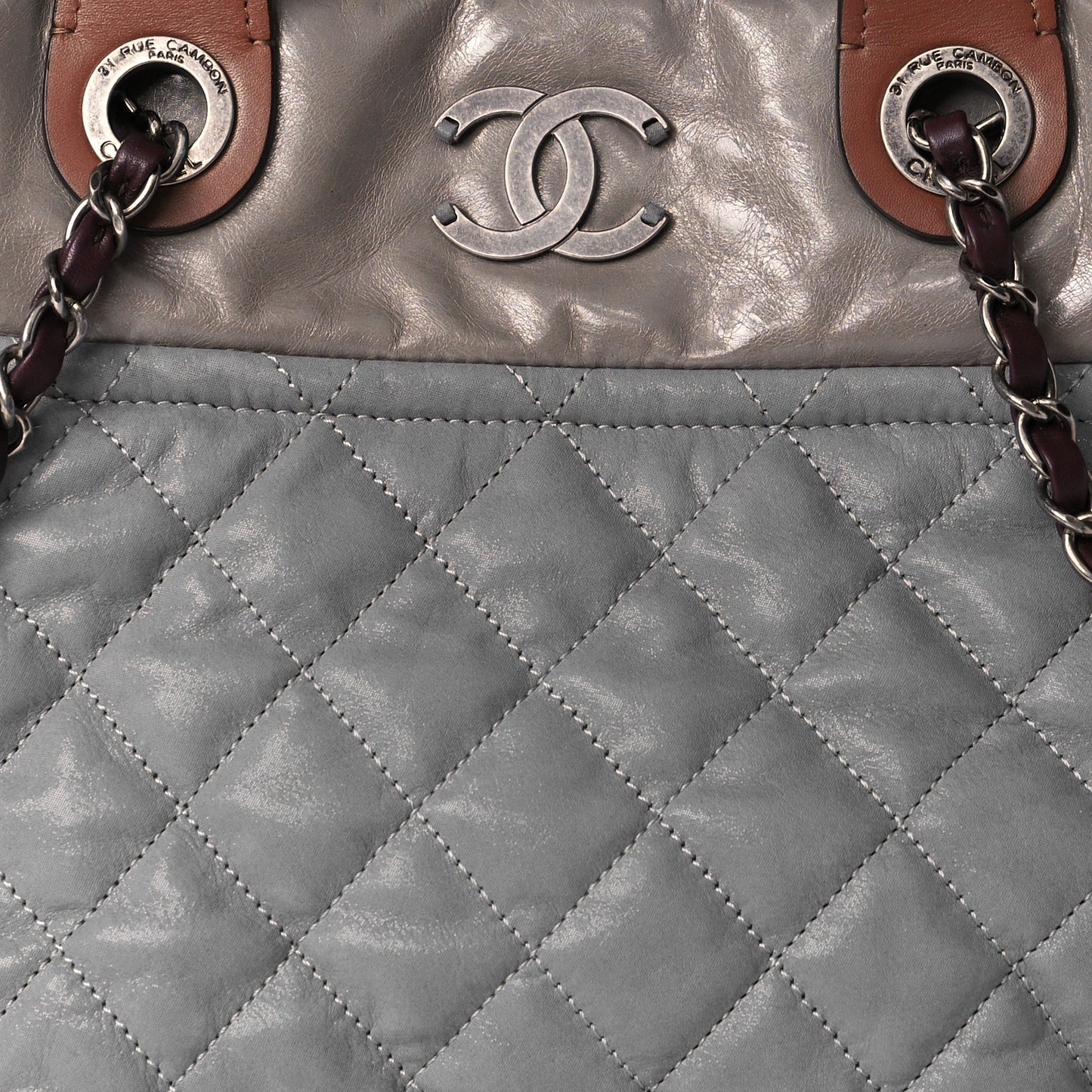 Iridescent Calfskin Quilted Small In The Mix Tote Grey