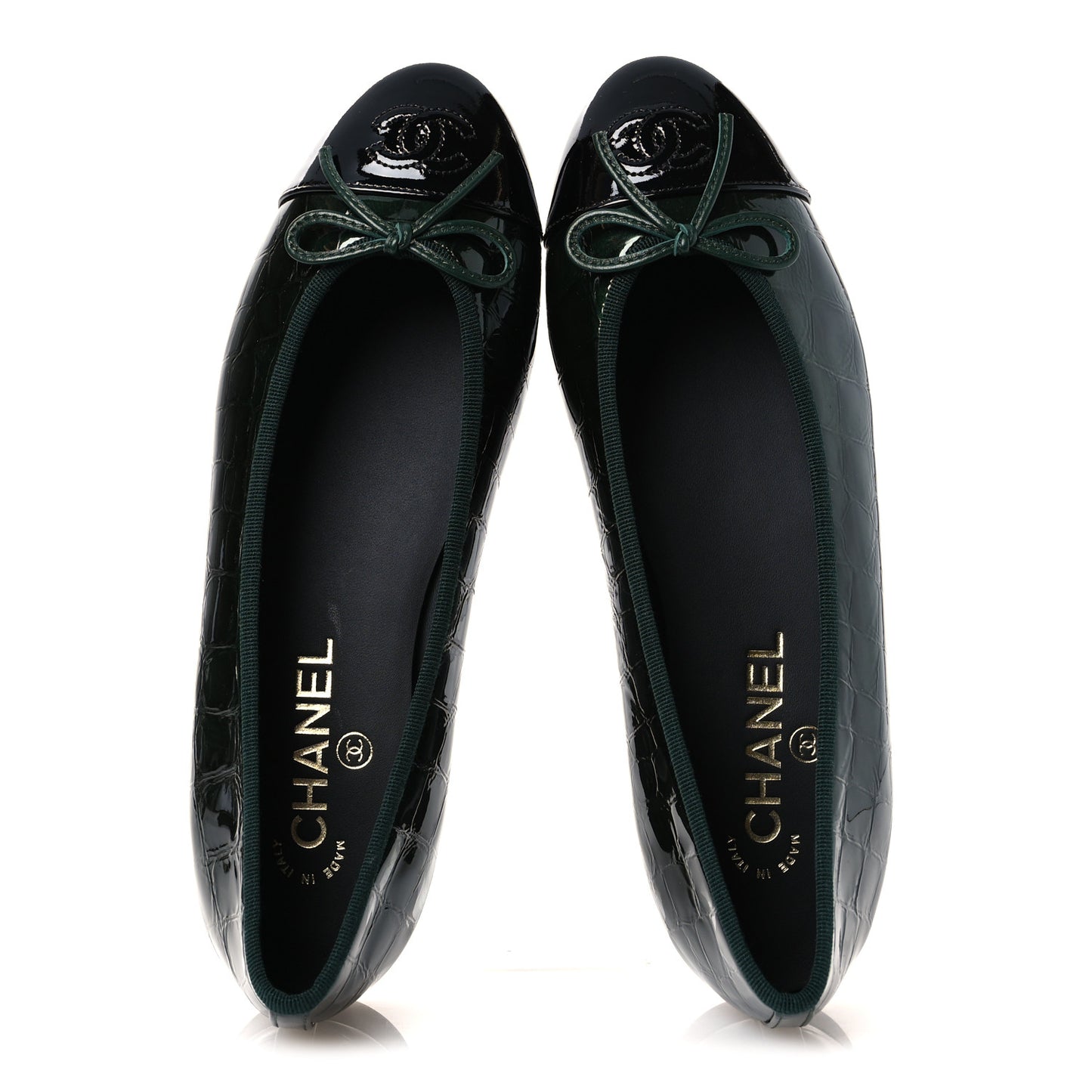 Crocodile Embossed Patent Calfskin Ballet Flats 38.5 Dark Green Black