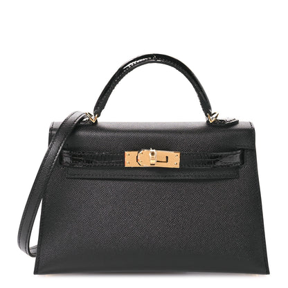 Hermes Madame Calfskin Shiny Alligator Mini Kelly Sellier Touch 20 Black 1 of 10