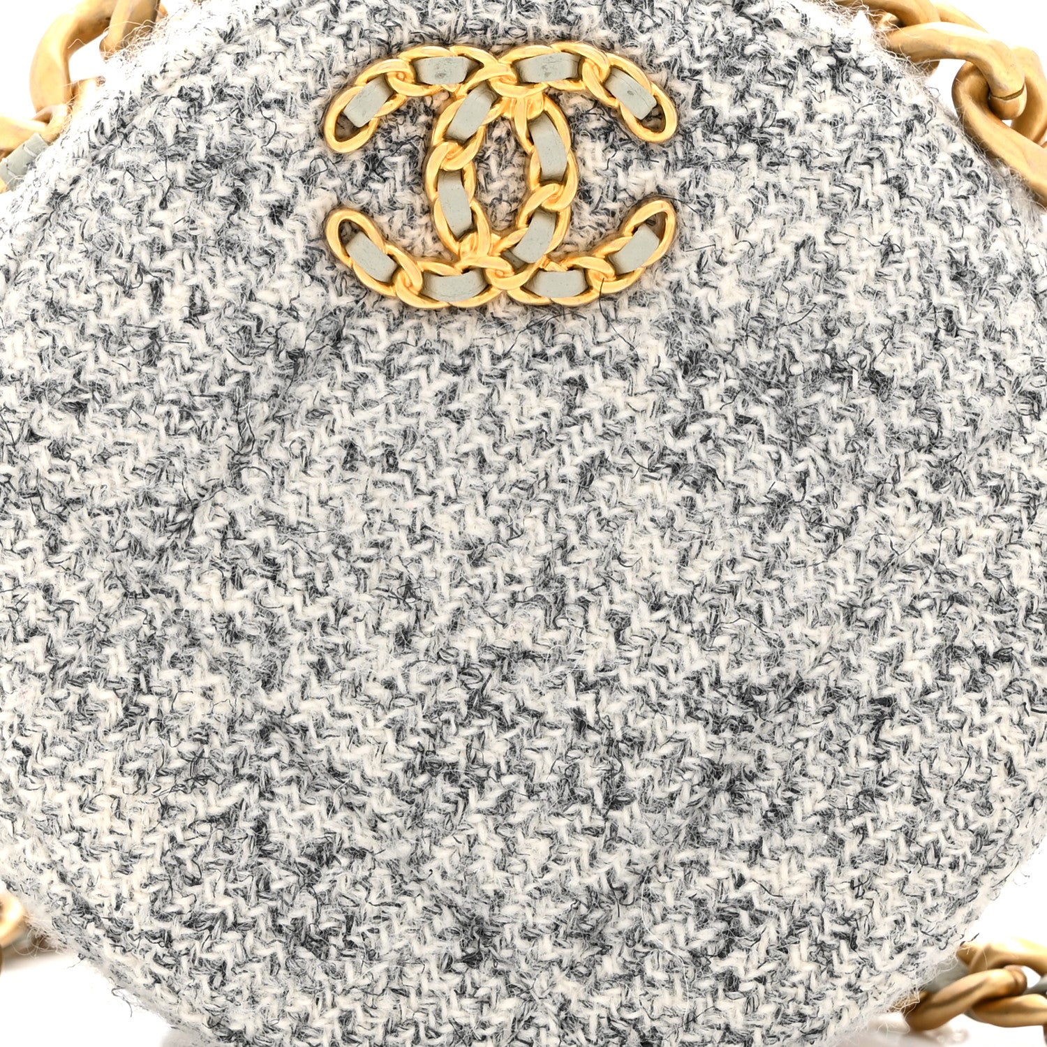 Chanel Wool Tweed Lambskin Quilted Chanel 19 Round Clutch With