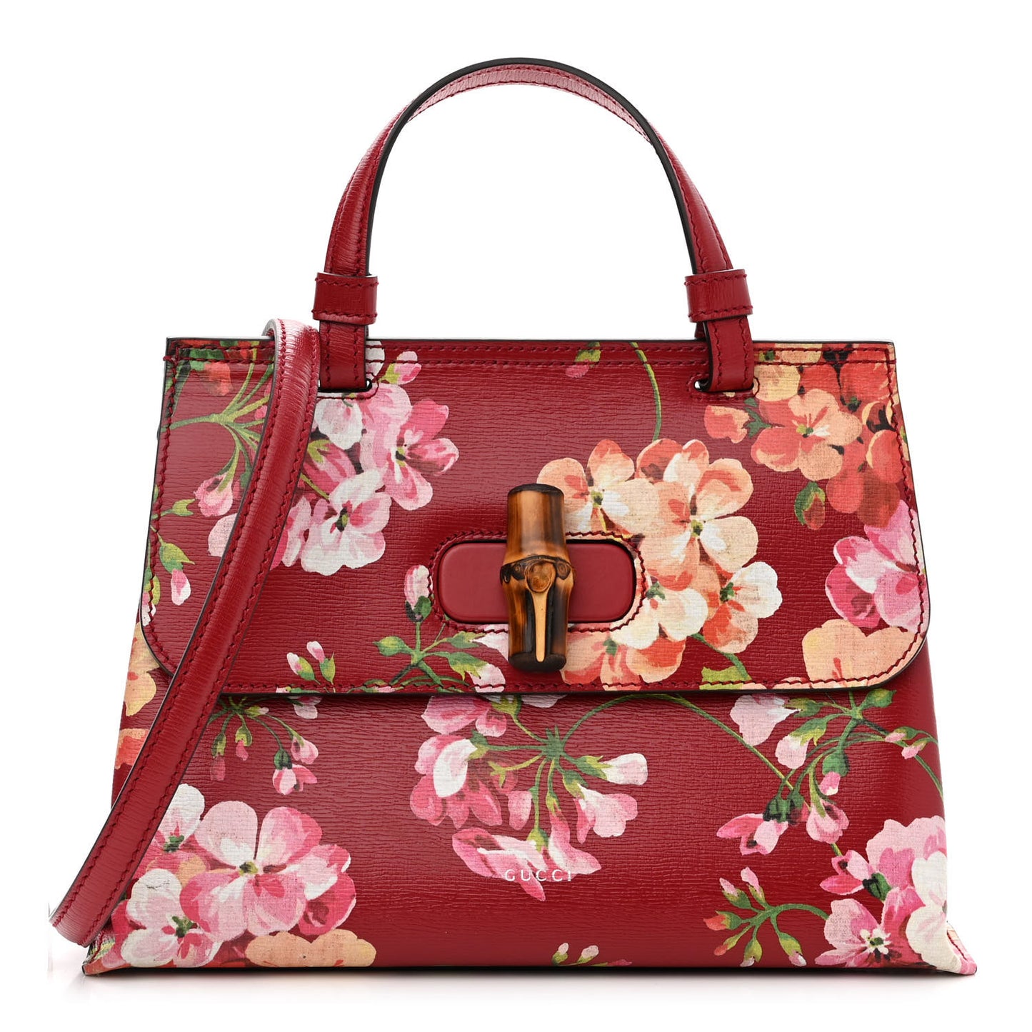 Shangai Calfskin Blooms Print Small Bamboo Daily Top Handle Bag Romantic Cerise Multicolor