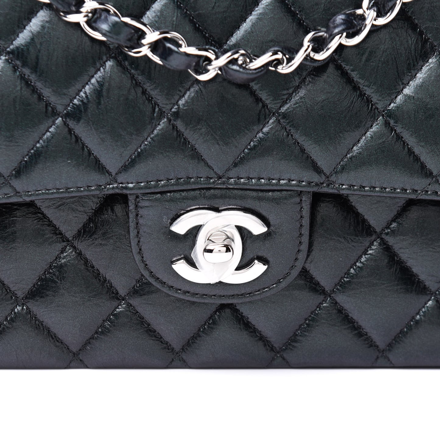 Iridescent Crumpled Calfskin Quilted Medium Double Flap Black