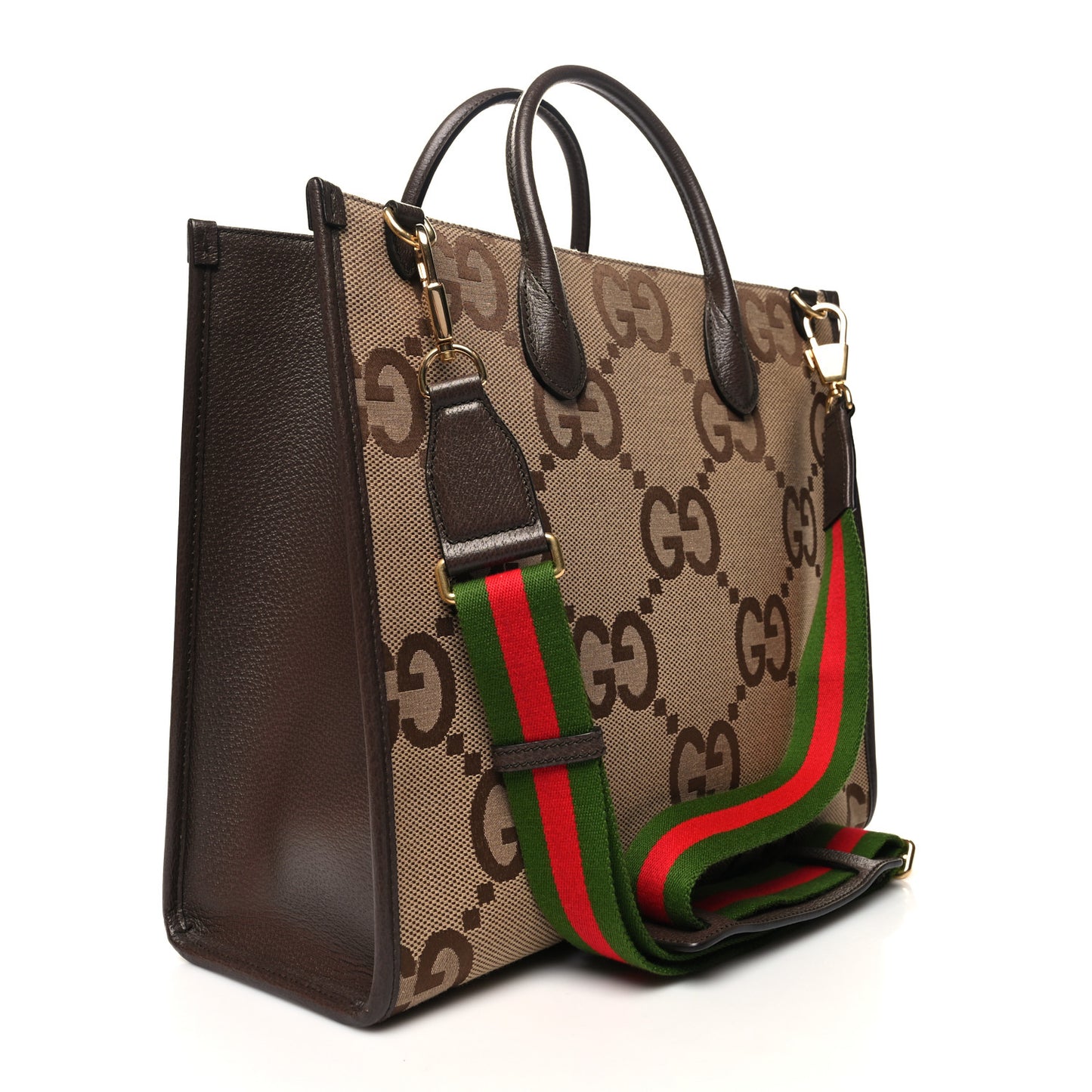 Monogram Jumbo GG Textured Dollar Calfskin Web Tote Bag Camel Ebony New Acero