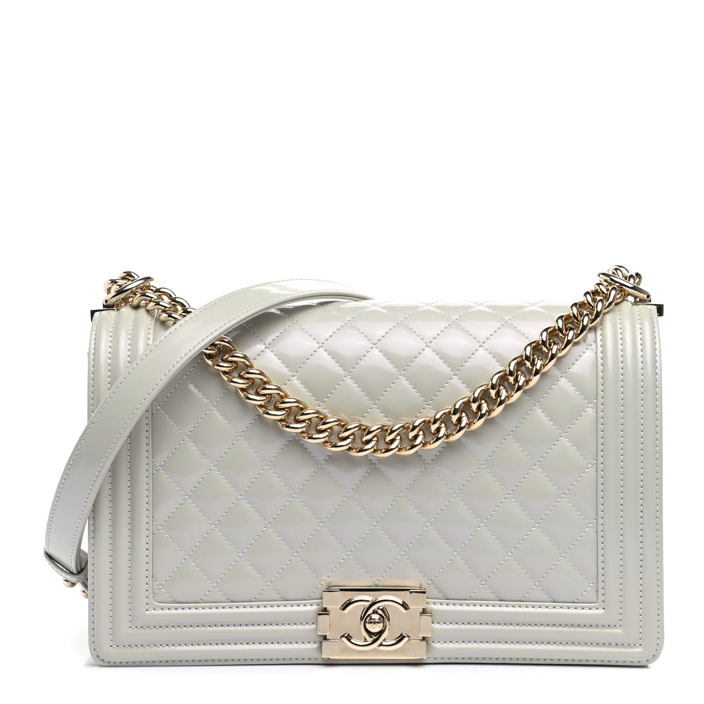Iridescent Glazed Calfskin Quilted New Medium Boy Flap Light Grey