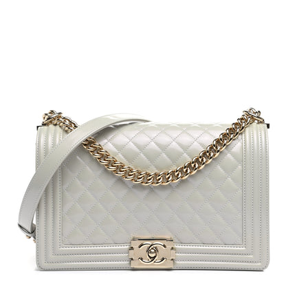 Chanel Iridescent Glazed Calfskin Quilted New Medium Boy Flap Light Grey 1 of 11