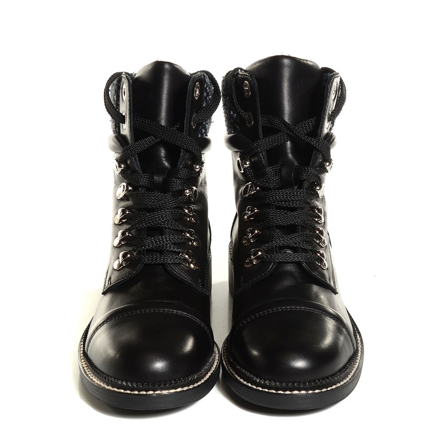 Chanel Calfskin Wool Combat Boots 36.5 Black 2 of 8
