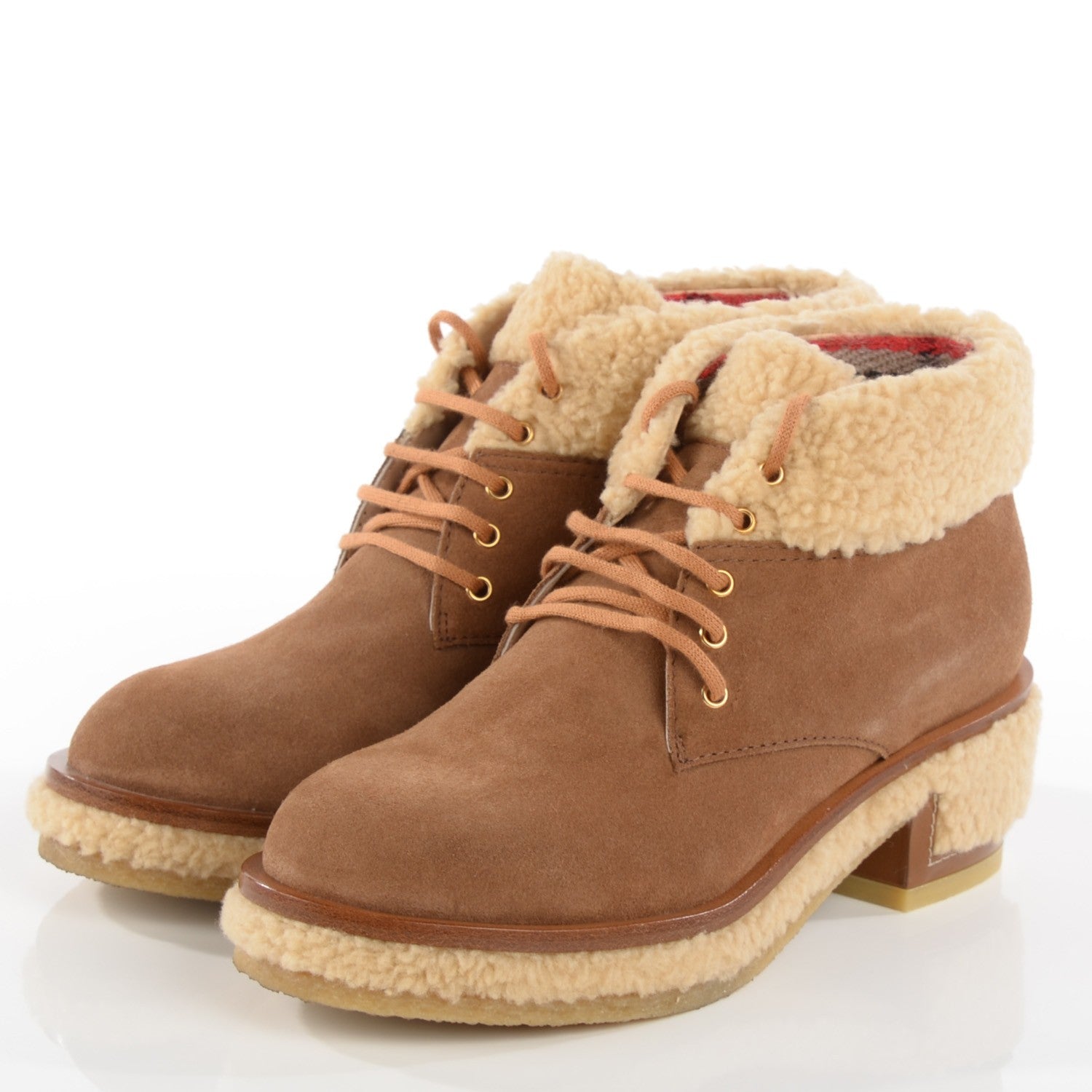 Chanel Shearling Suede Calfskin Lace Up Ankle Boots 37 Brown Beige 3 of 8