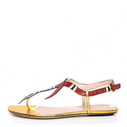 Gucci Metallic Calfskin Yoko T Strap Snake Thong Sandals 39 Gold 1 of 7