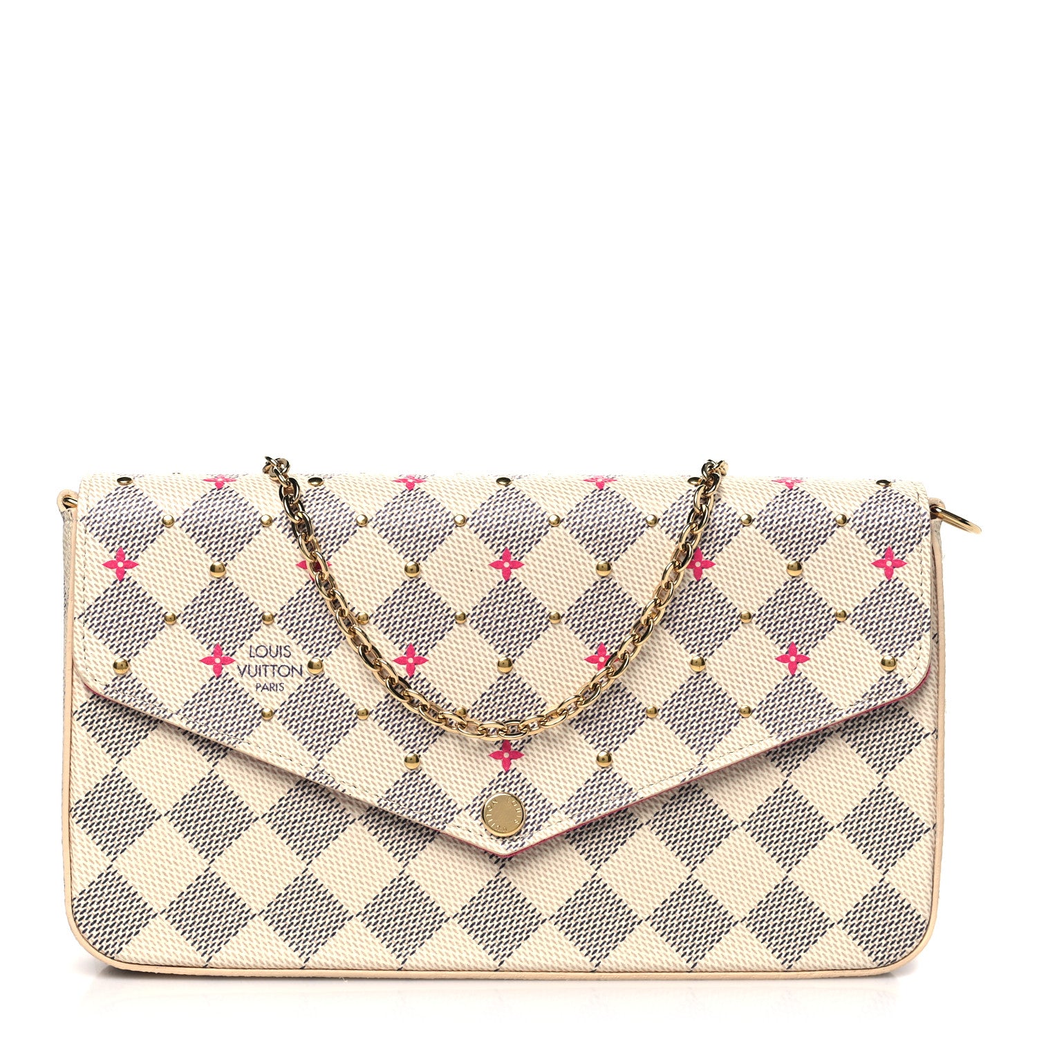 Louis Vuitton Damier Azur Studded Pochette Felicie Chain Wallet Fuchsia 1 of 9