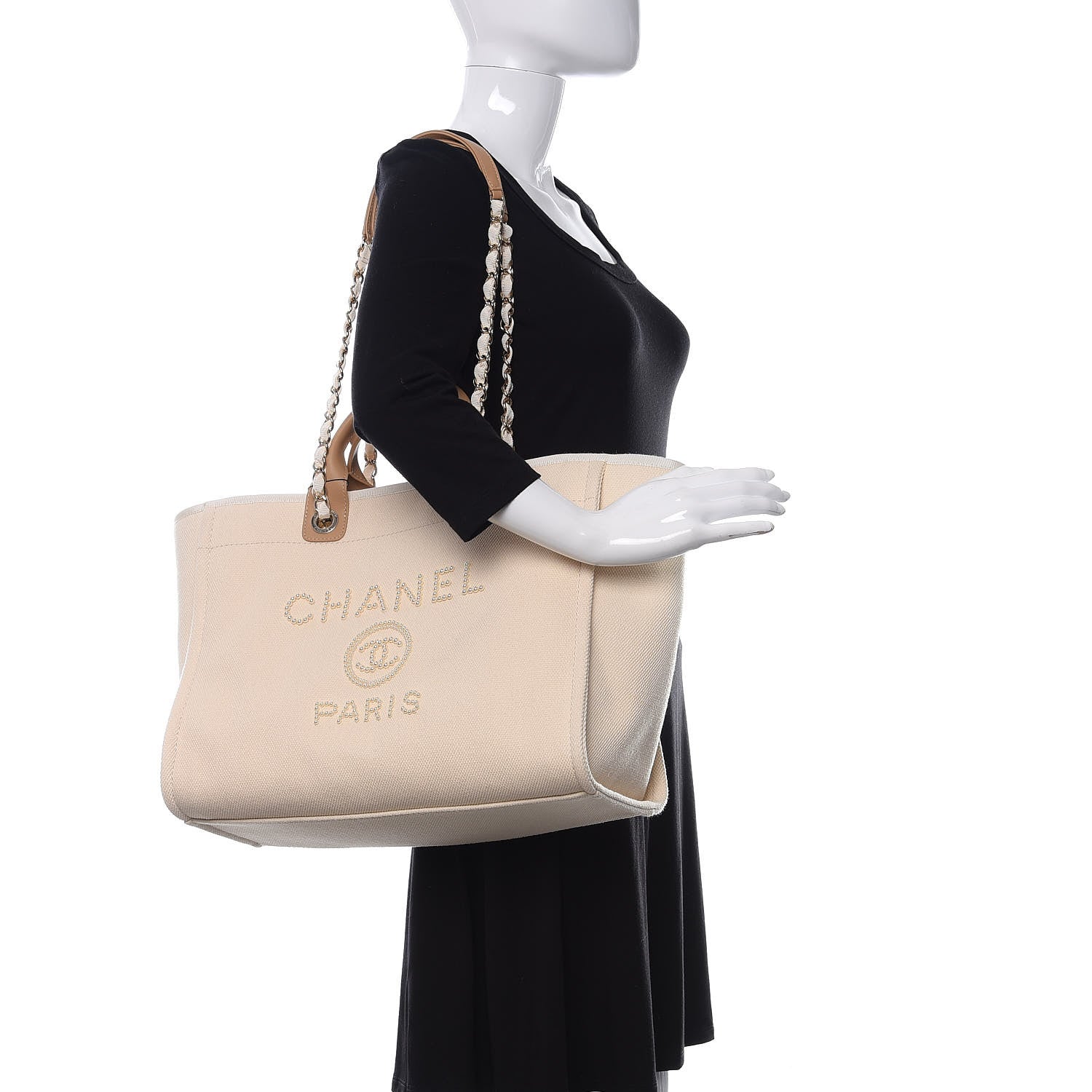 Chanel Canvas Pearl Medium Deauville Tote Ecru Beige 2 of 10