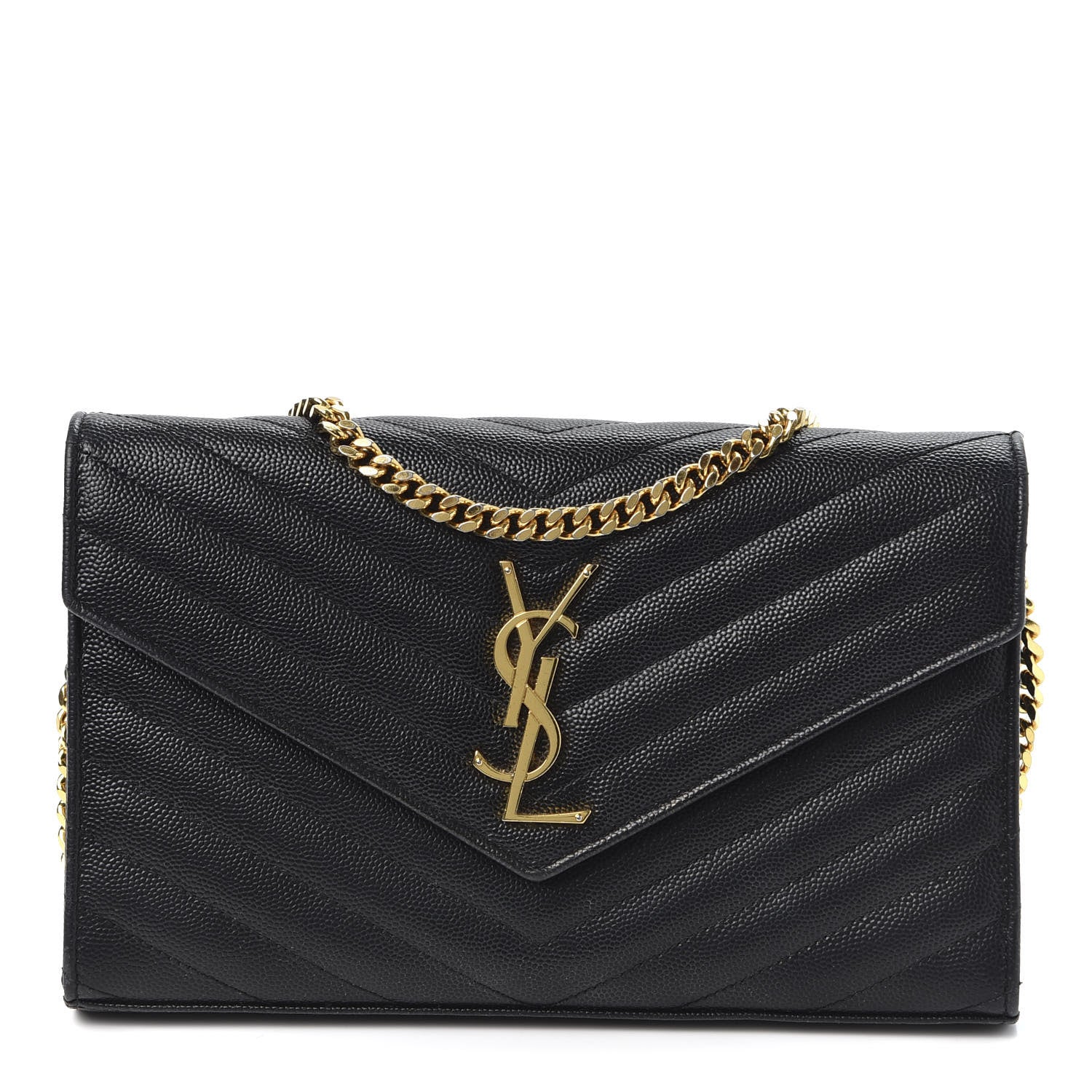 Saint Laurent Grain De Poudre Matelasse Chevron Monogram Chain Wallet Black 1 of 8