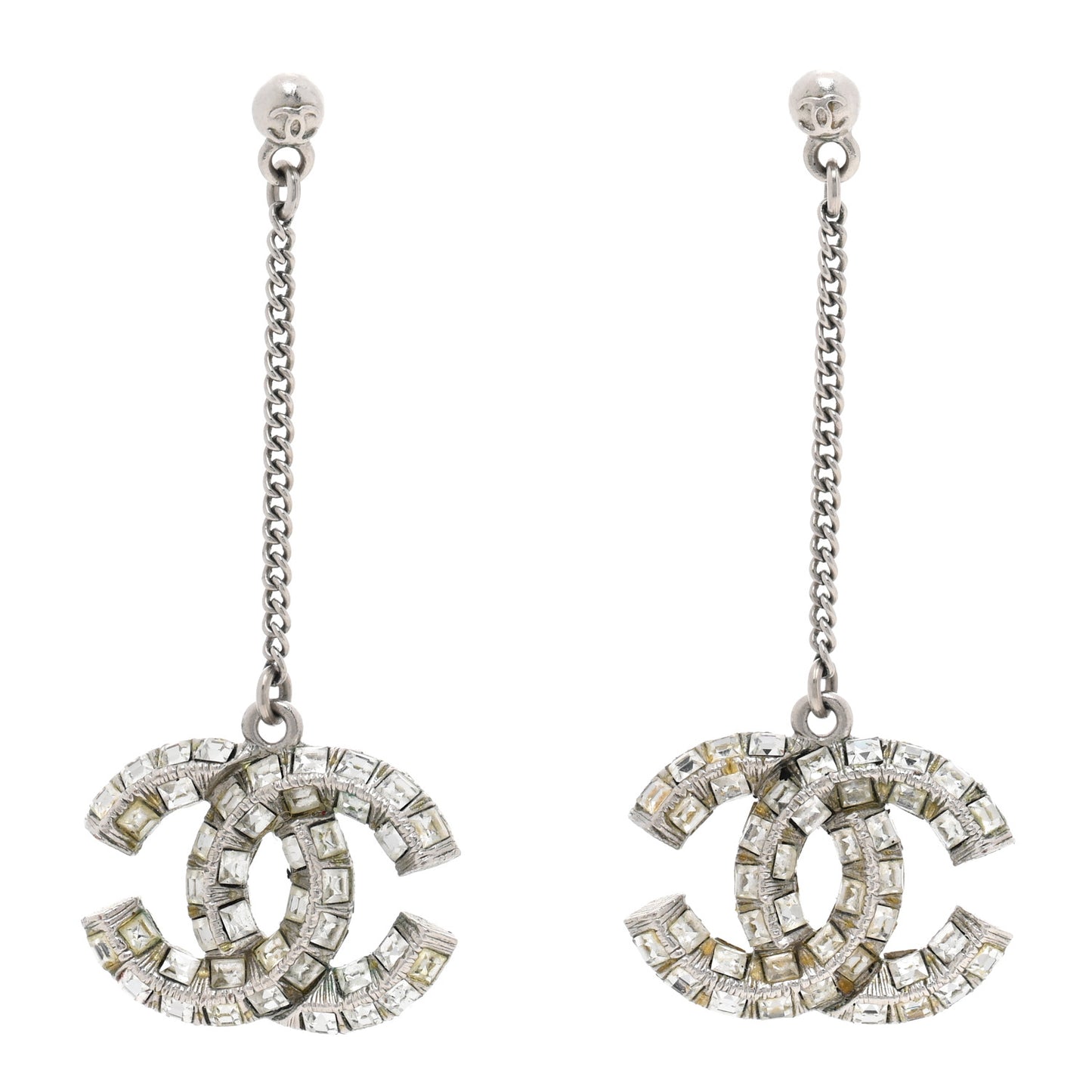 Baguette Crystal CC Drop Earrings Silver