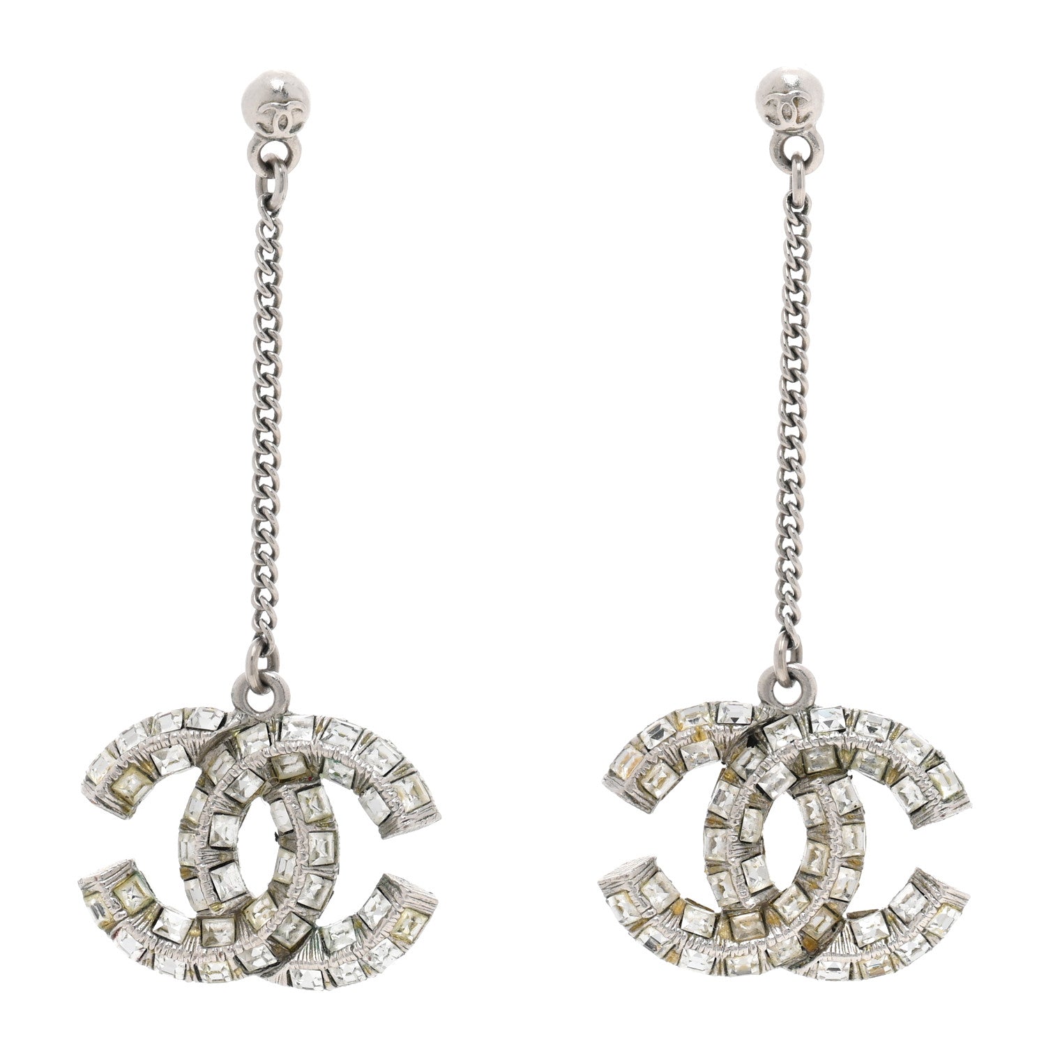Chanel Baguette Crystal CC Drop Earrings Silver 1 of 4