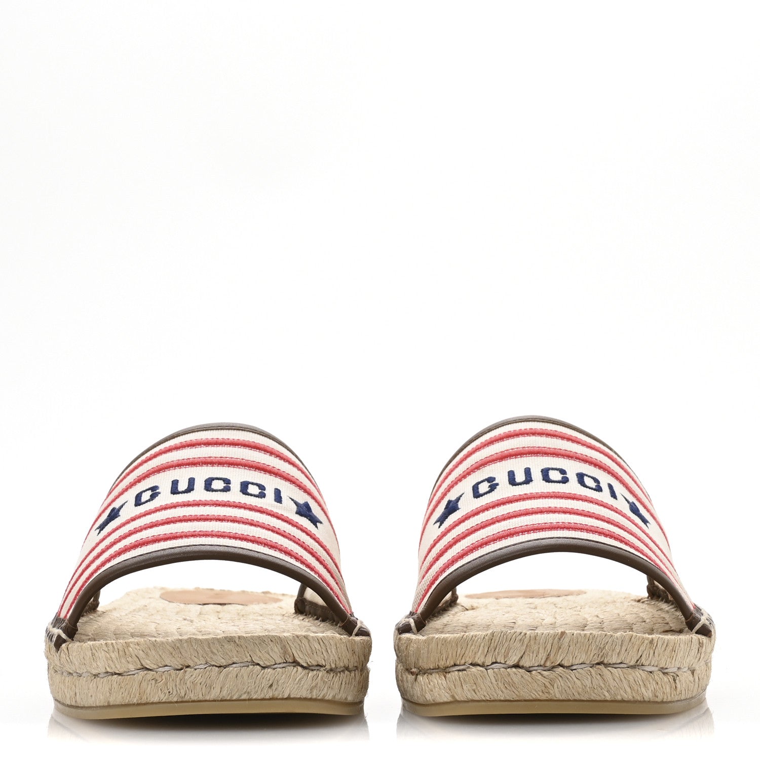 Gucci Canvas Miro Soft Calfskin Striped Mens Espadrille Flat Slide Sandals 10 Greggio Brown Sugar 3 of 9
