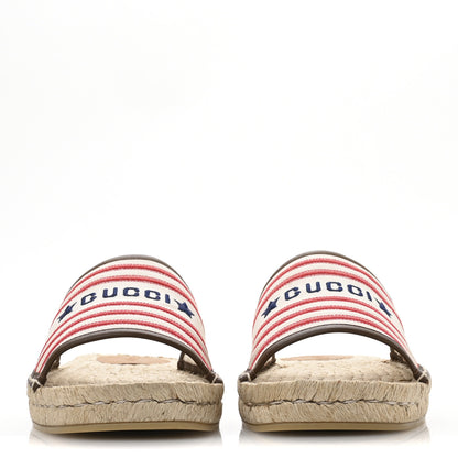 Gucci Canvas Miro Soft Calfskin Striped Mens Espadrille Flat Slide Sandals 10 Greggio Brown Sugar 3 of 9