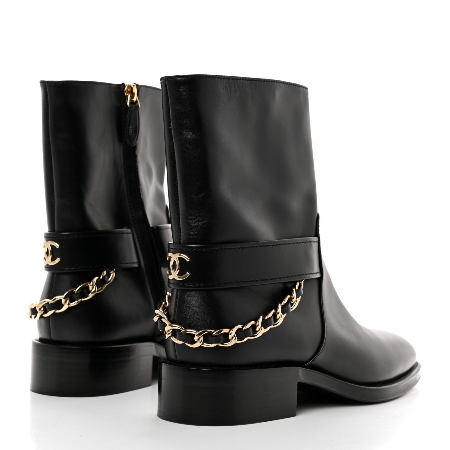 Calfskin Chain Short Boots 38 Black