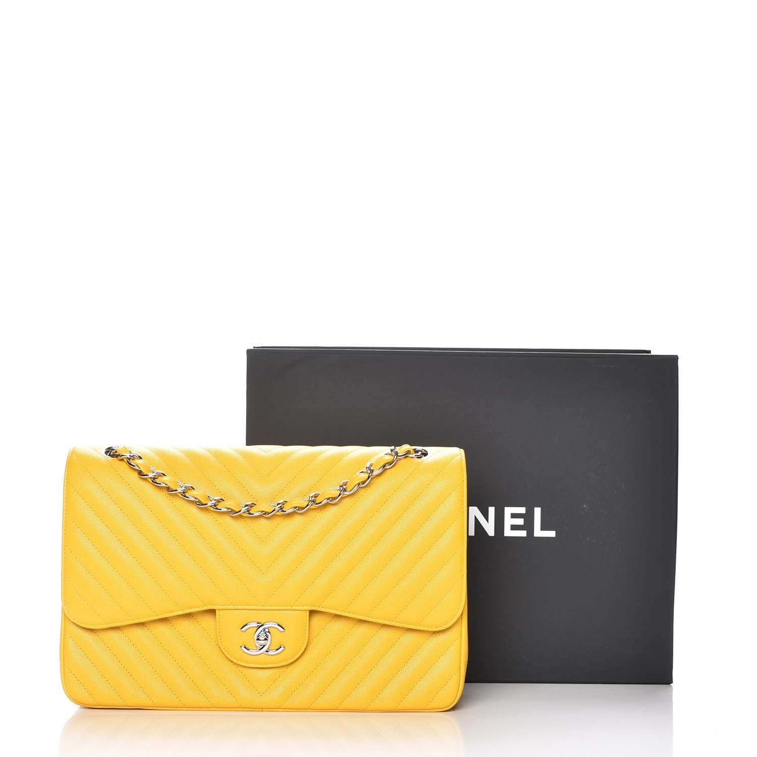 Chanel Caviar Chevron Quilted Jumbo Double Flap Yellow 8 of 8