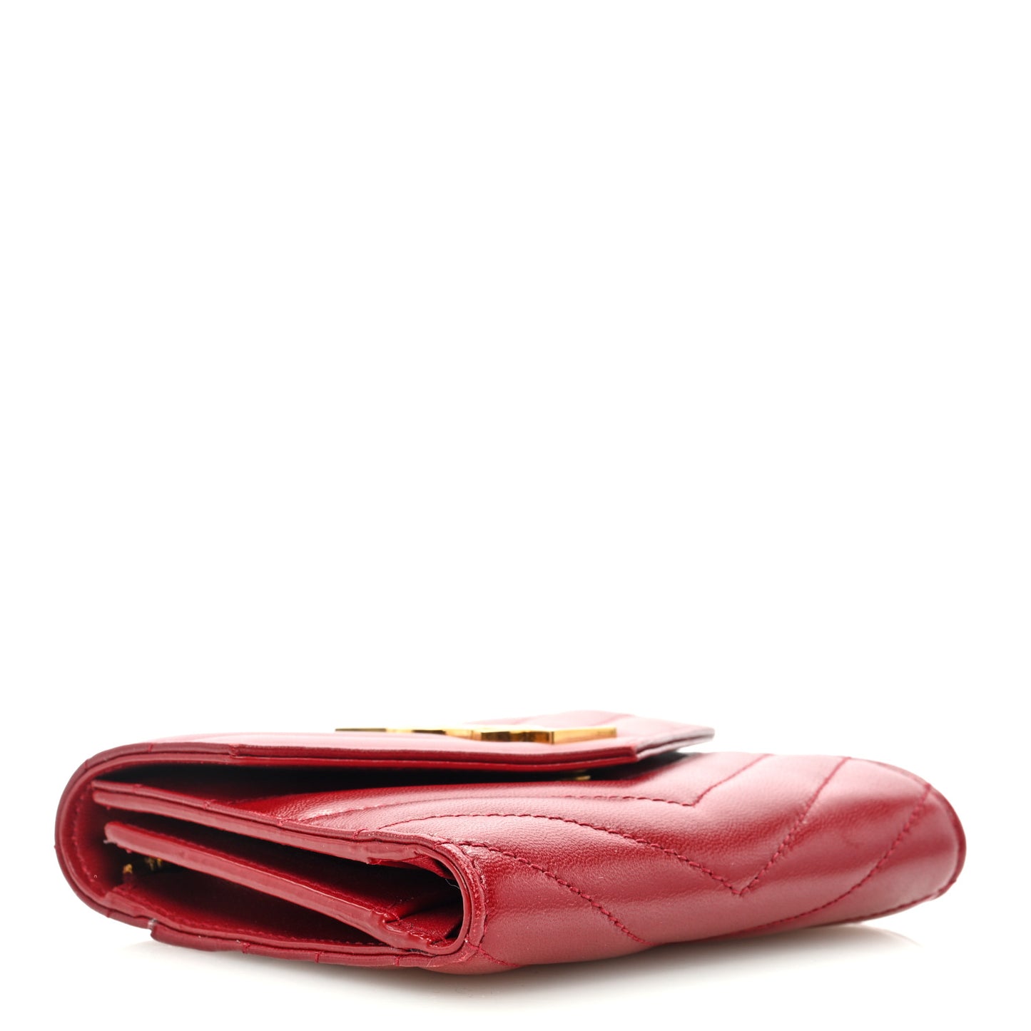 Lambskin Matelasse Chevron Monogram Compact Tri Fold Wallet Red