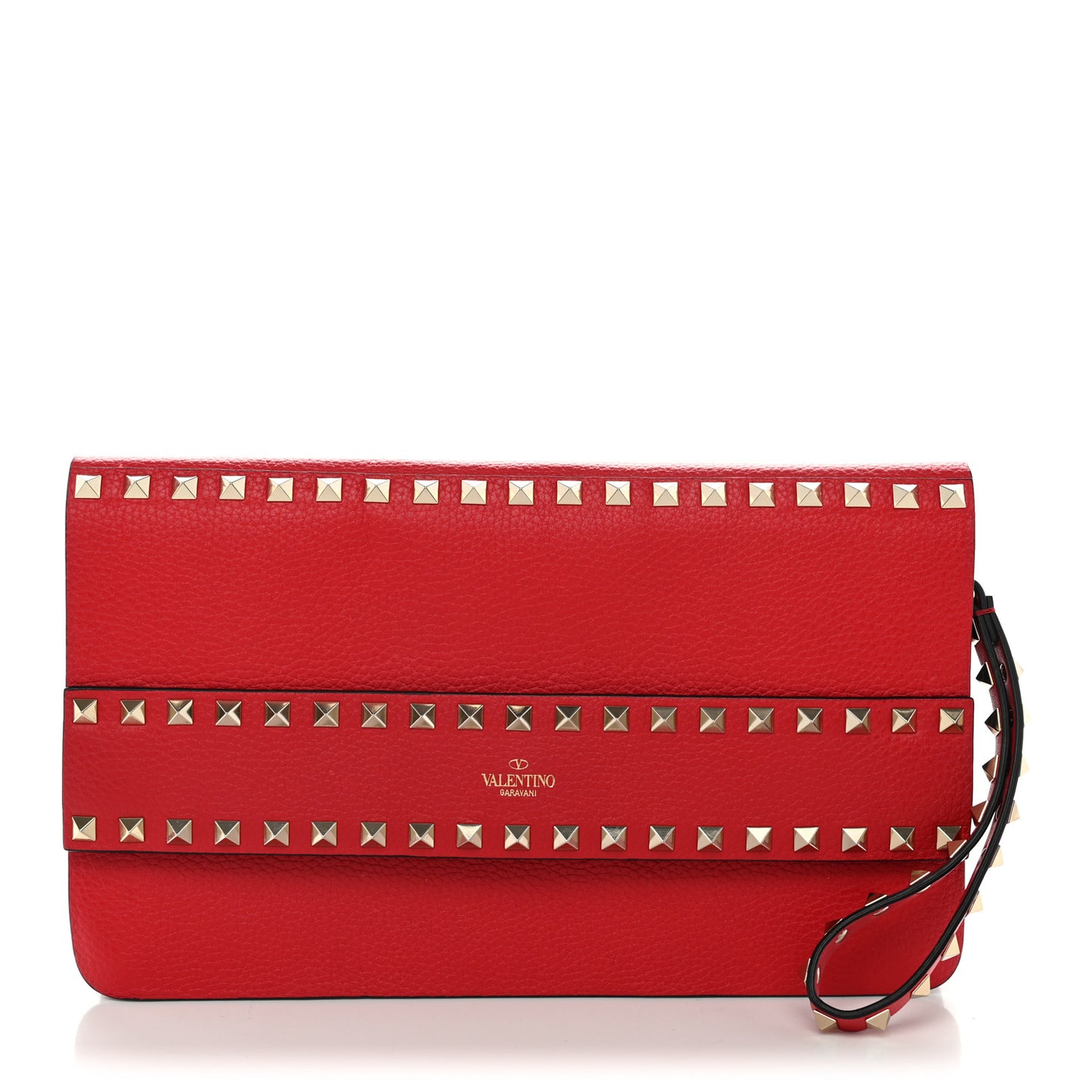 Pebble Calfskin Rockstud Side Slip Wristlet Clutch Rosso