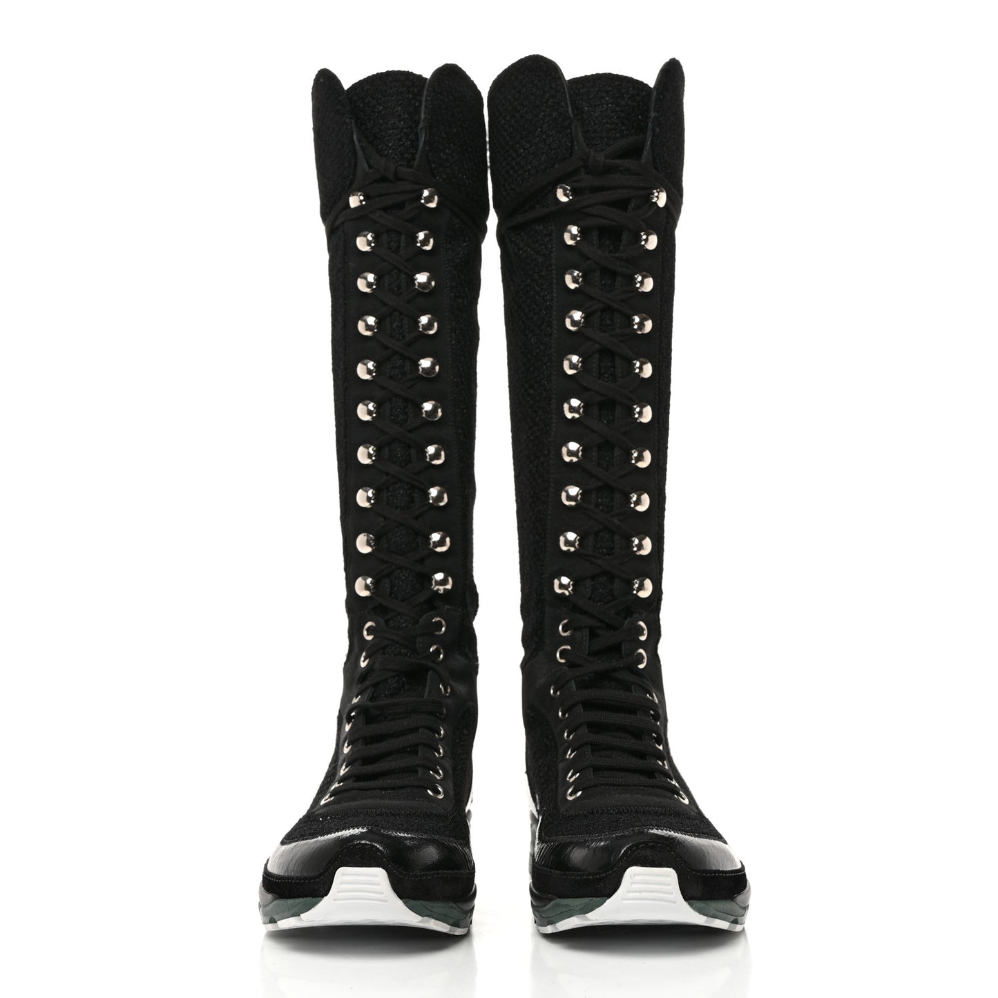 Tweed Patent Calfskin Sneaker High Boots 37.5 Black