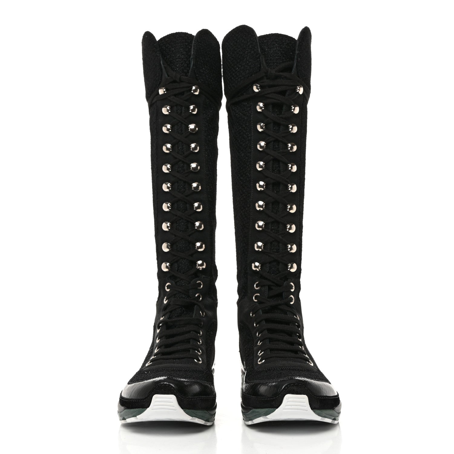 Chanel Tweed Patent Calfskin Sneaker High Boots 37.5 Black 2 of 8