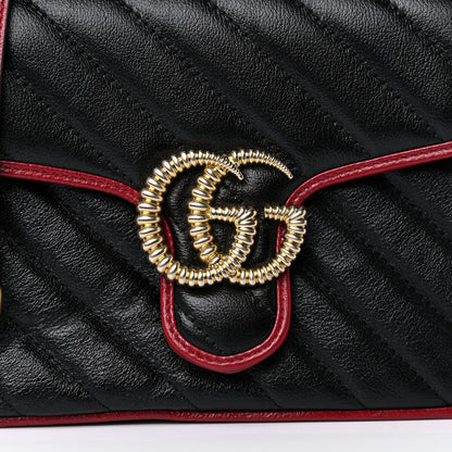 Gucci Vintage Effect Calfskin Matelasse Diagonal Mini Torchon GG Marmont Top Handle Shoulder Bag Black Romantic Cherry 9 of 12