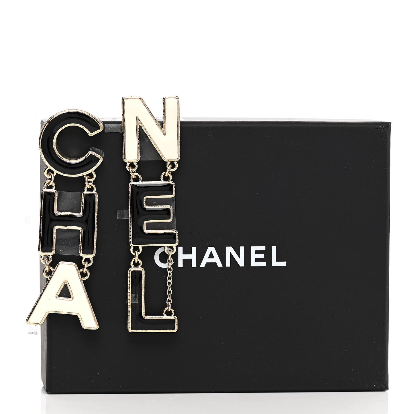 Metal Enamel Cha-Nel Logo Drop Earrings Black White