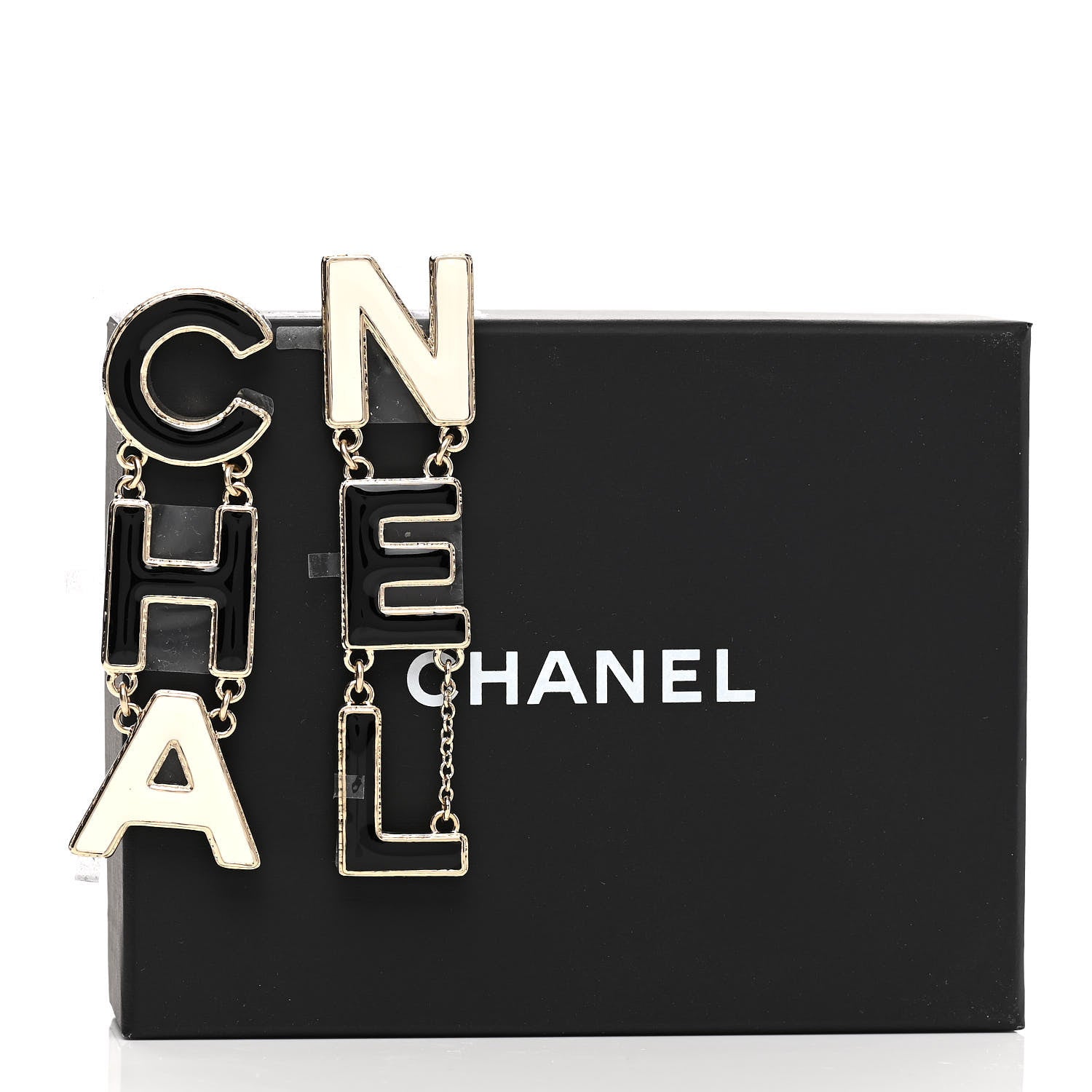 Chanel Metal Enamel Cha-Nel Logo Drop Earrings Black White 3 of 9
