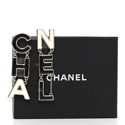 Chanel Metal Enamel Cha-Nel Logo Drop Earrings Black White 3 of 9