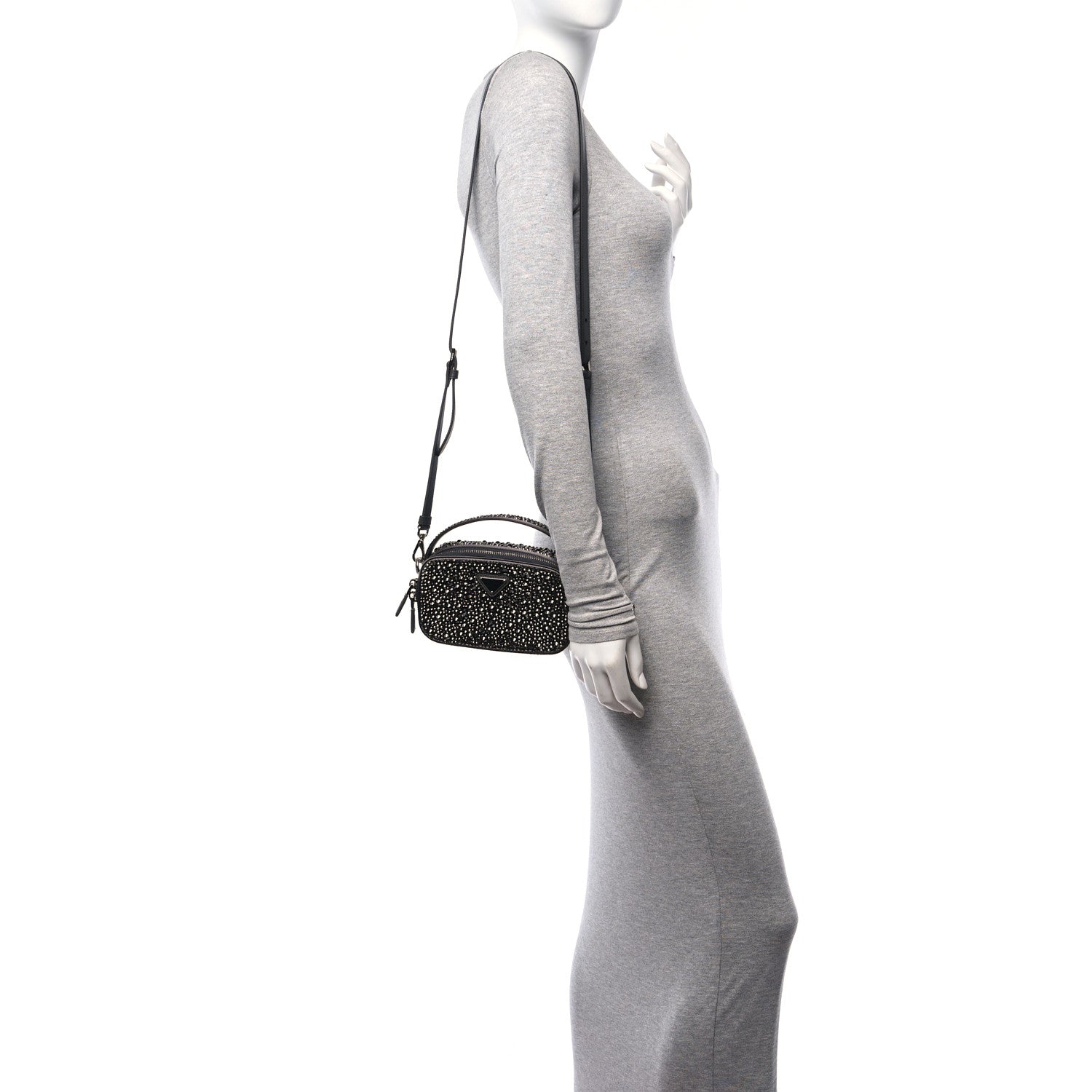 Prada Satin Crystal Metal Triangle Logo Odette Crossbody Fumo 2 of 9
