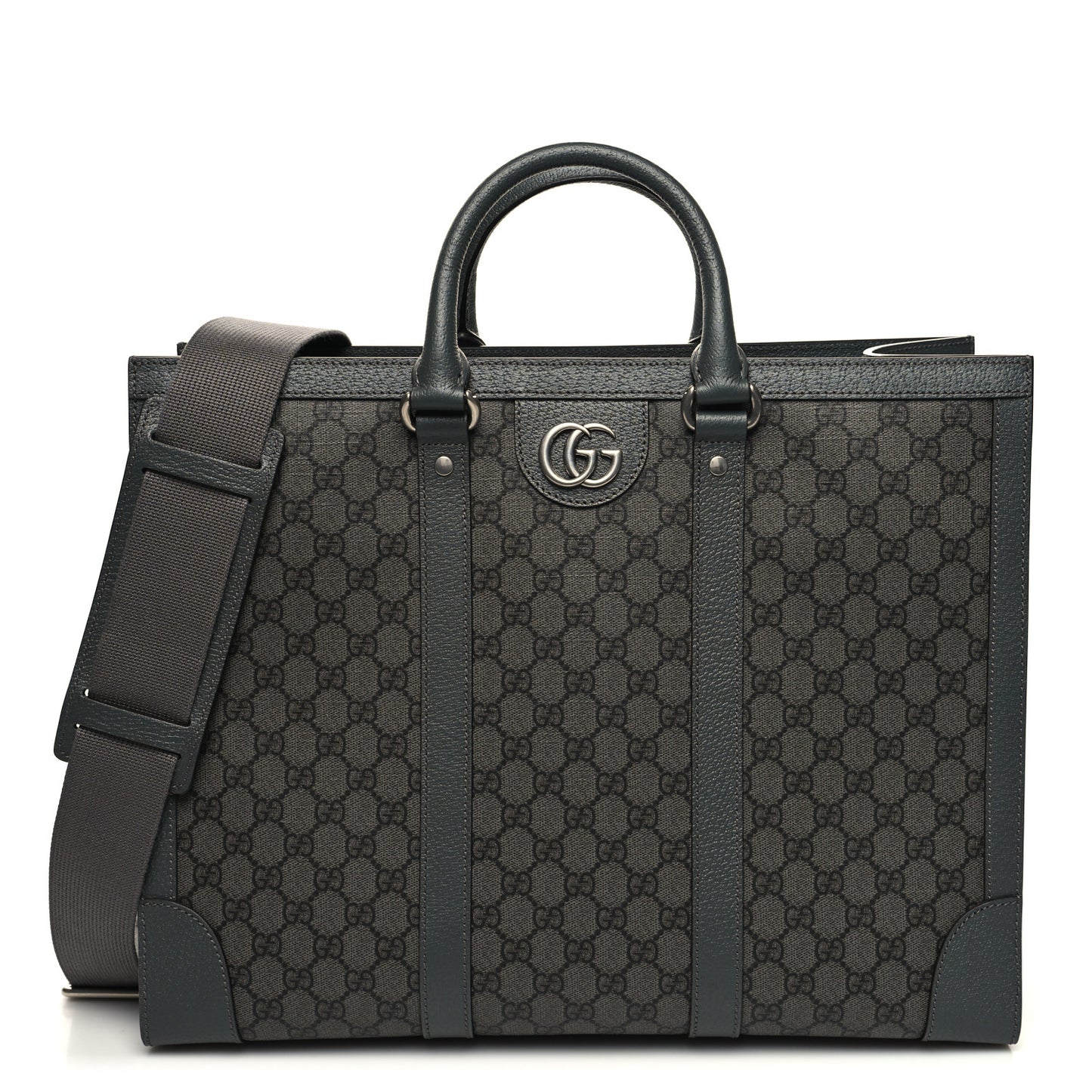 GG Supreme Monogram Textured Dollar Calfskin Large Ophidia Tote Bag Grey Black Graphite Grey