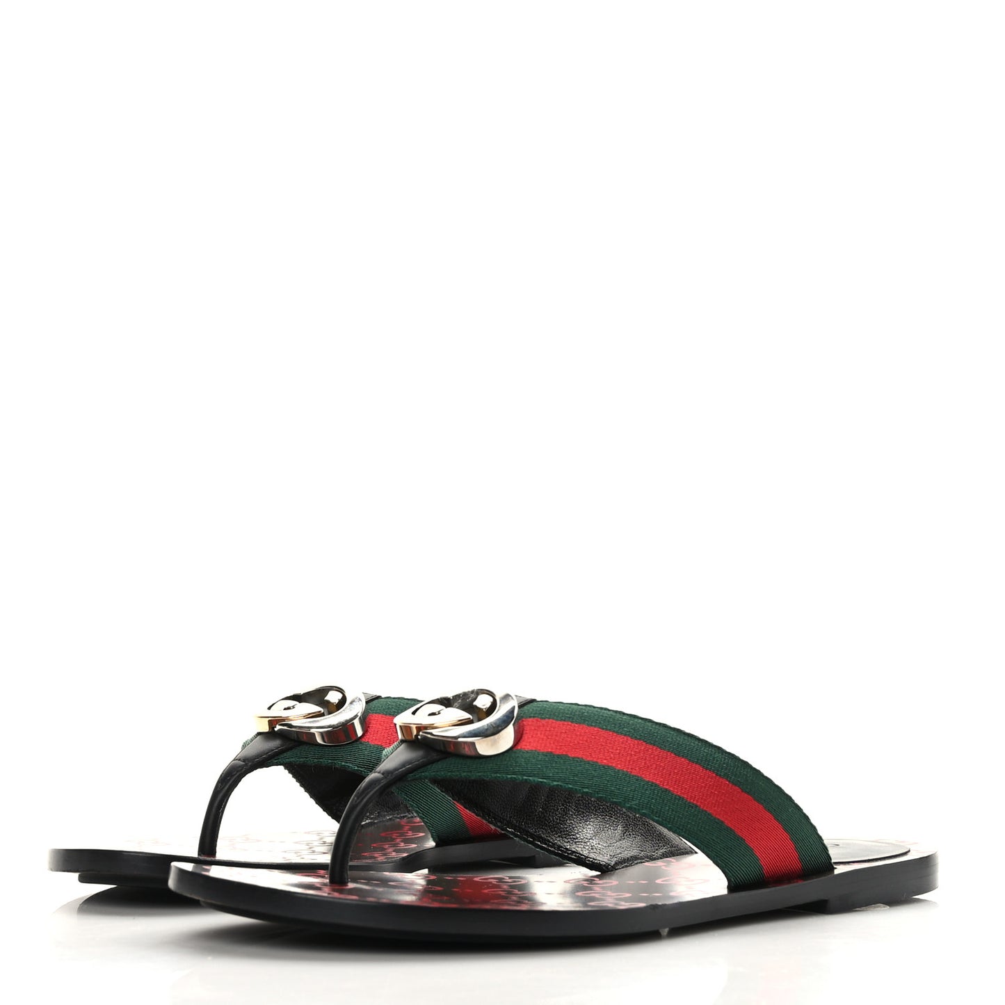 Nylon Calfskin Web GG Monogram Womens Thong Sandals 37.5 Green Red Cocoa
