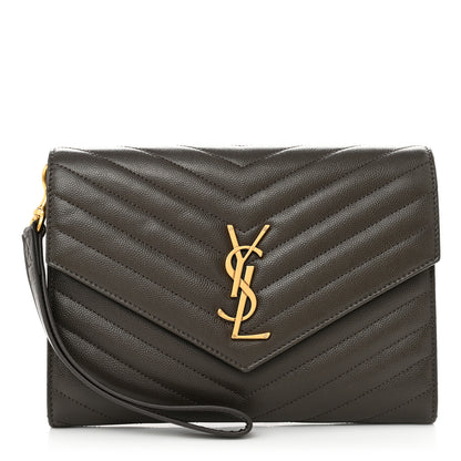 Saint Laurent Grain De Poudre Matelasse Chevron Monogram Envelope Clutch Earth 1 of 7