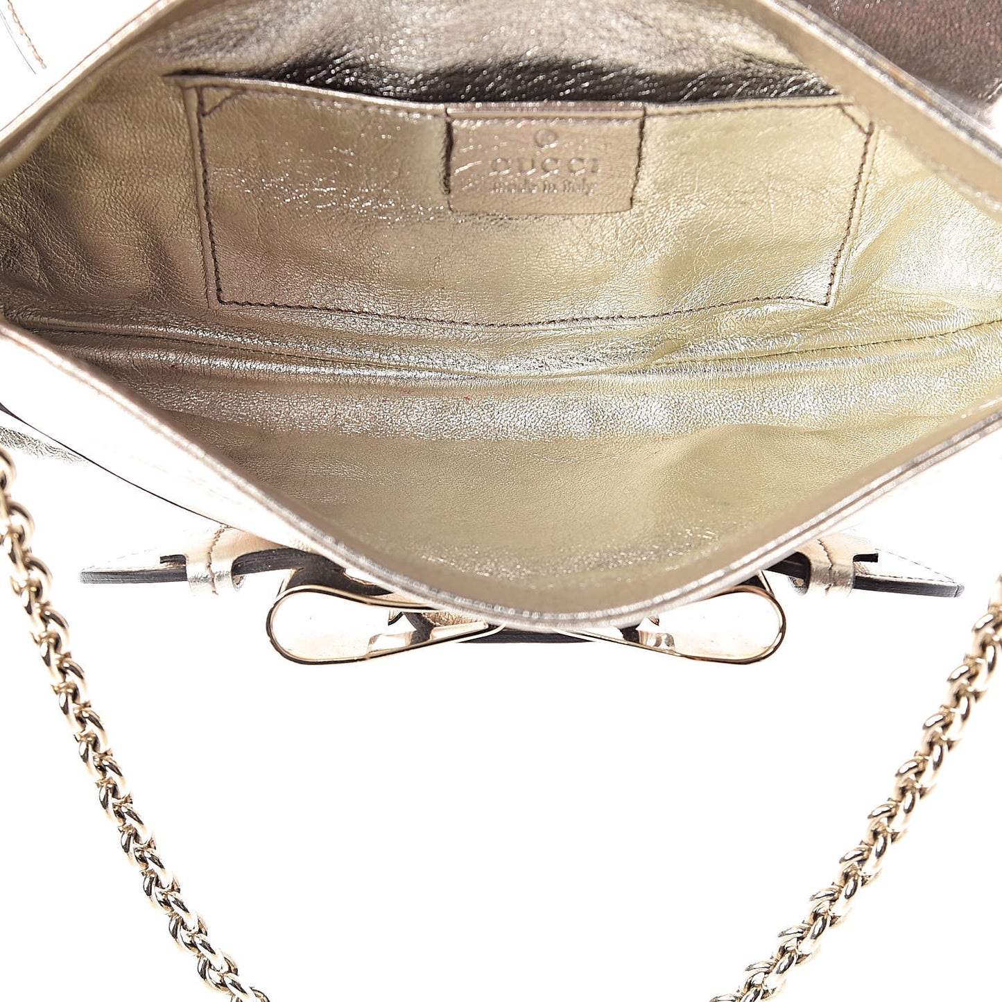 Metallic Calfskin Queen Bow Chain Clutch Gold