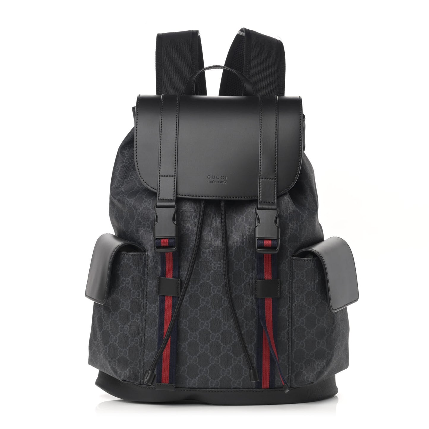 Soft GG Supreme Monogram Appia Calfskin Web Double Buckle Backpack Black