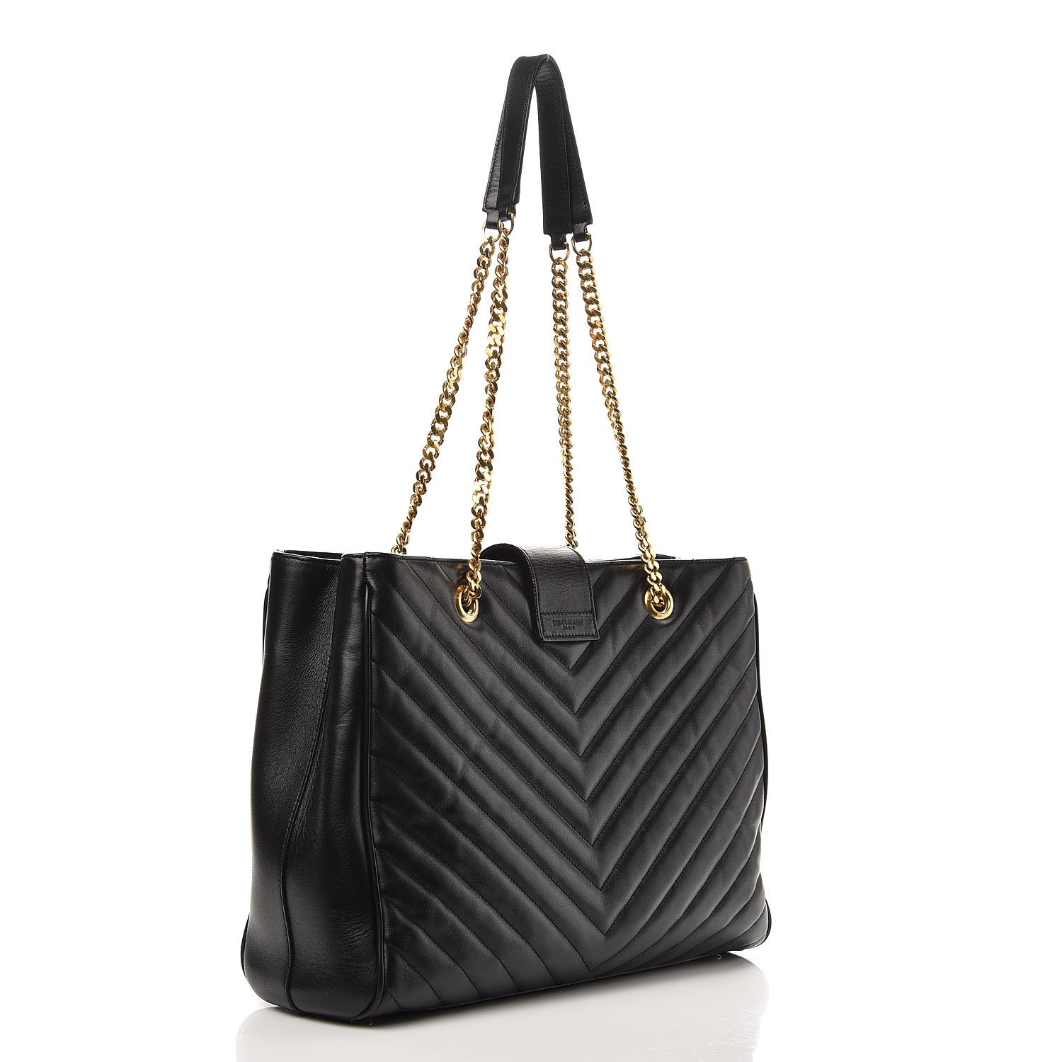 Saint Laurent Lambskin Matelasse Chevron Monogram Shopping Bag Black 3 of 9