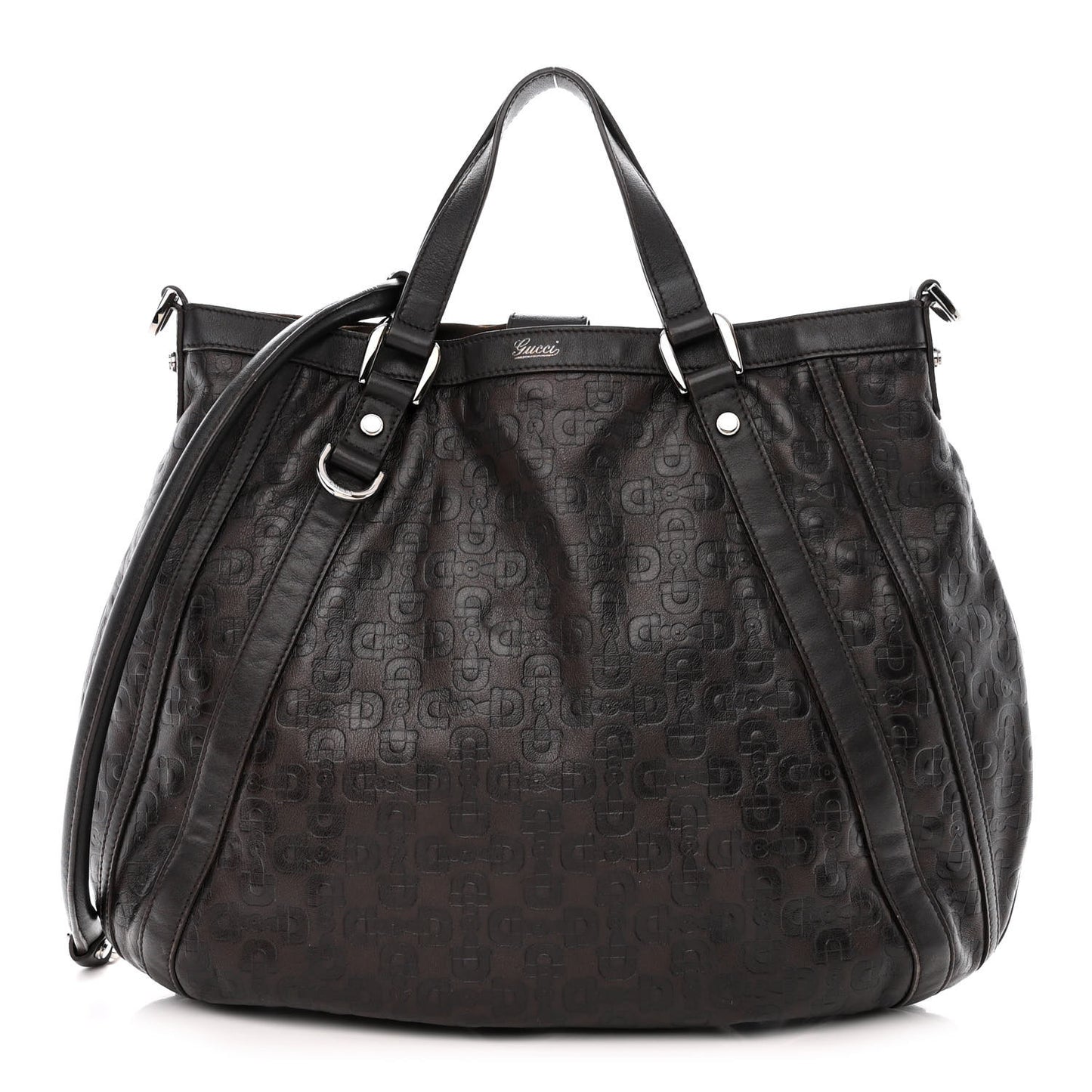 Calfskin Horsebit Embossed Medium Abbey Convertible Tote Dark Brown