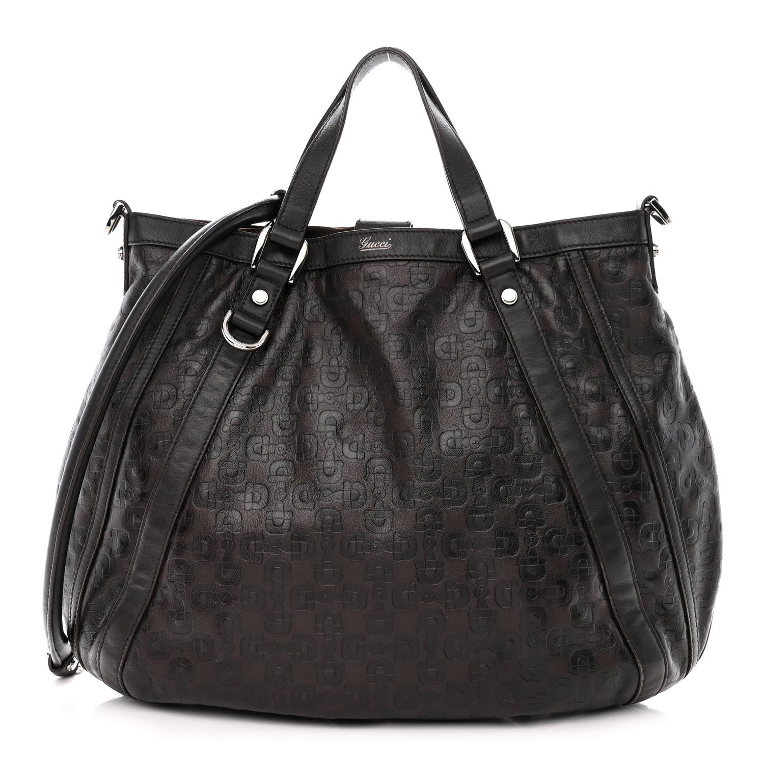 Gucci Calfskin Horsebit Embossed Medium Abbey Convertible Tote Dark Brown 1 of 13