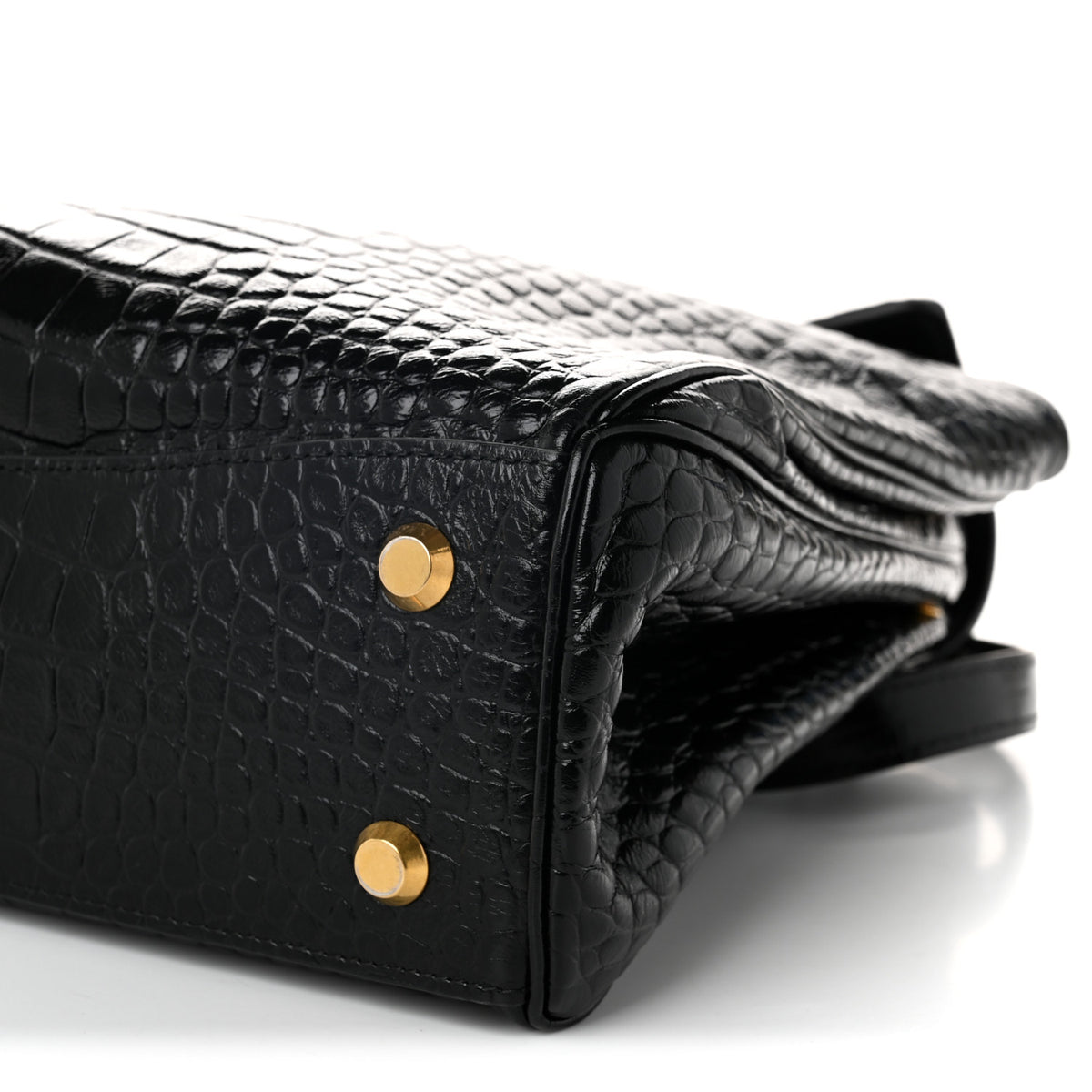 Shiny Calfskin Crocodile Embossed Medium Rodeo Top Handle Handbag Black