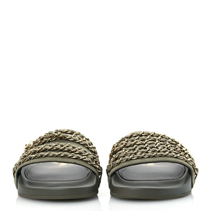 Chanel Canvas Chain Flat Sandals 40 Khaki 3 of 14