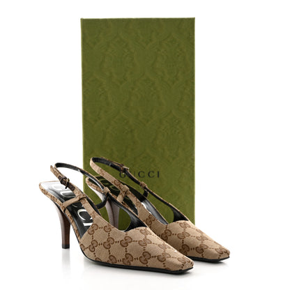 Gucci Monogram Malga Kid Square G 75mm Slingback Pumps 38 Beige Ebony New Acero 8 of 8