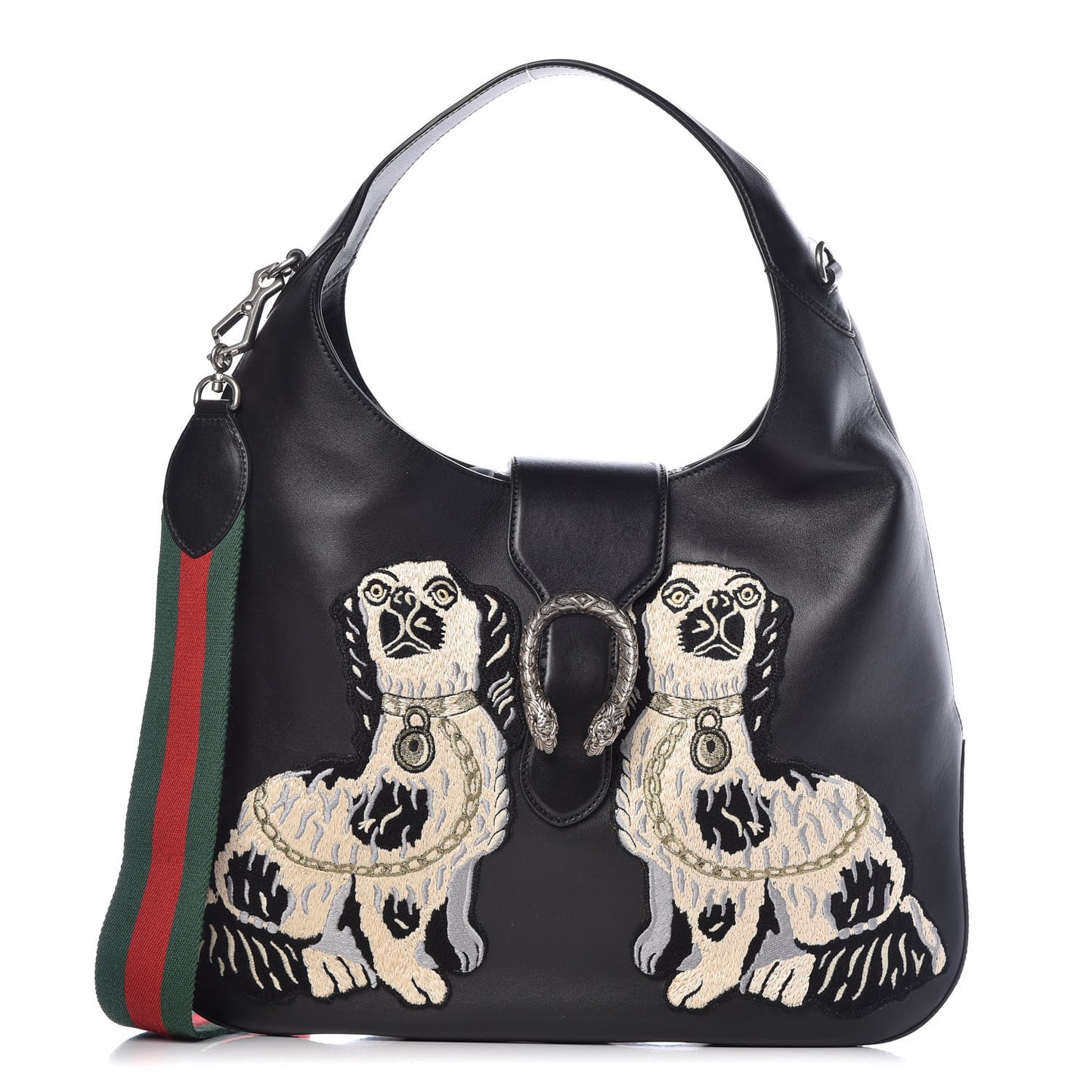 Calfskin Web Dog Embroidered Large Dionysus Hobo Black