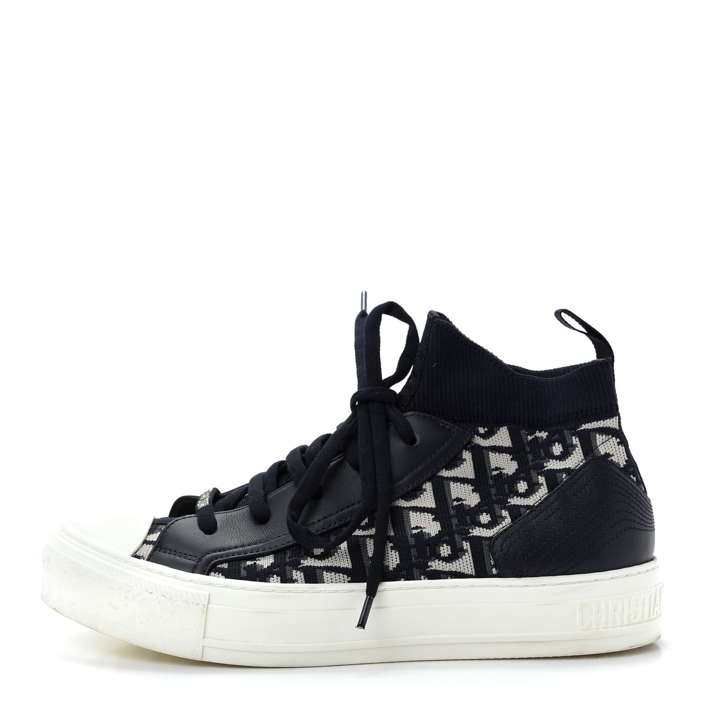 Technical Knit Calfskin Oblique Womens Walk'n Dior Mid Top Sneakers 38.5 Deep Blue