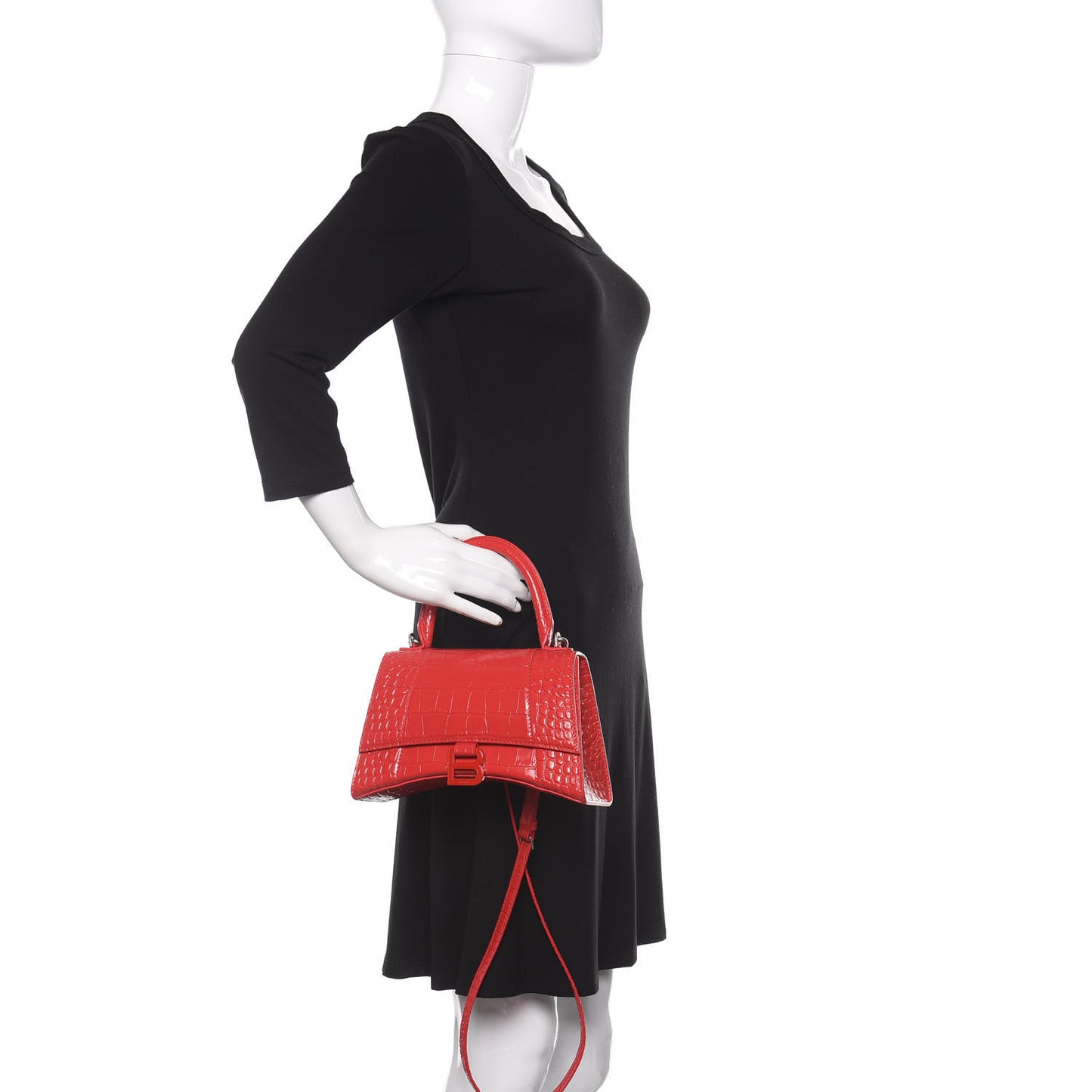 Shiny Calfskin Tonal B Crocodile Embossed Small Hourglass Top Handle Bag Bright Red
