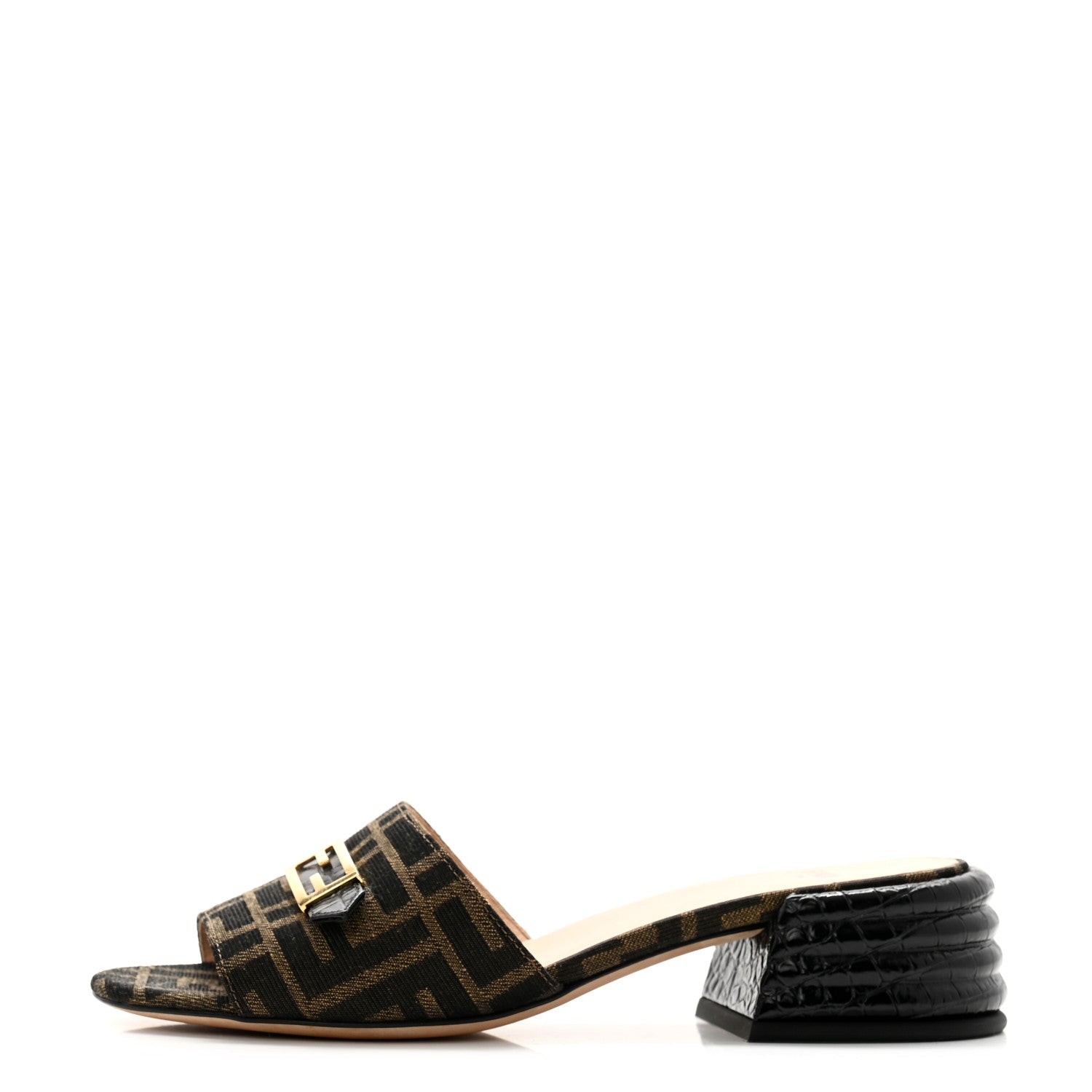 Fendi Jacquard Calfskin FF Crocodile Embossed Promenade Slide Sandals 38 Tobacco Moro Black 1 of 10