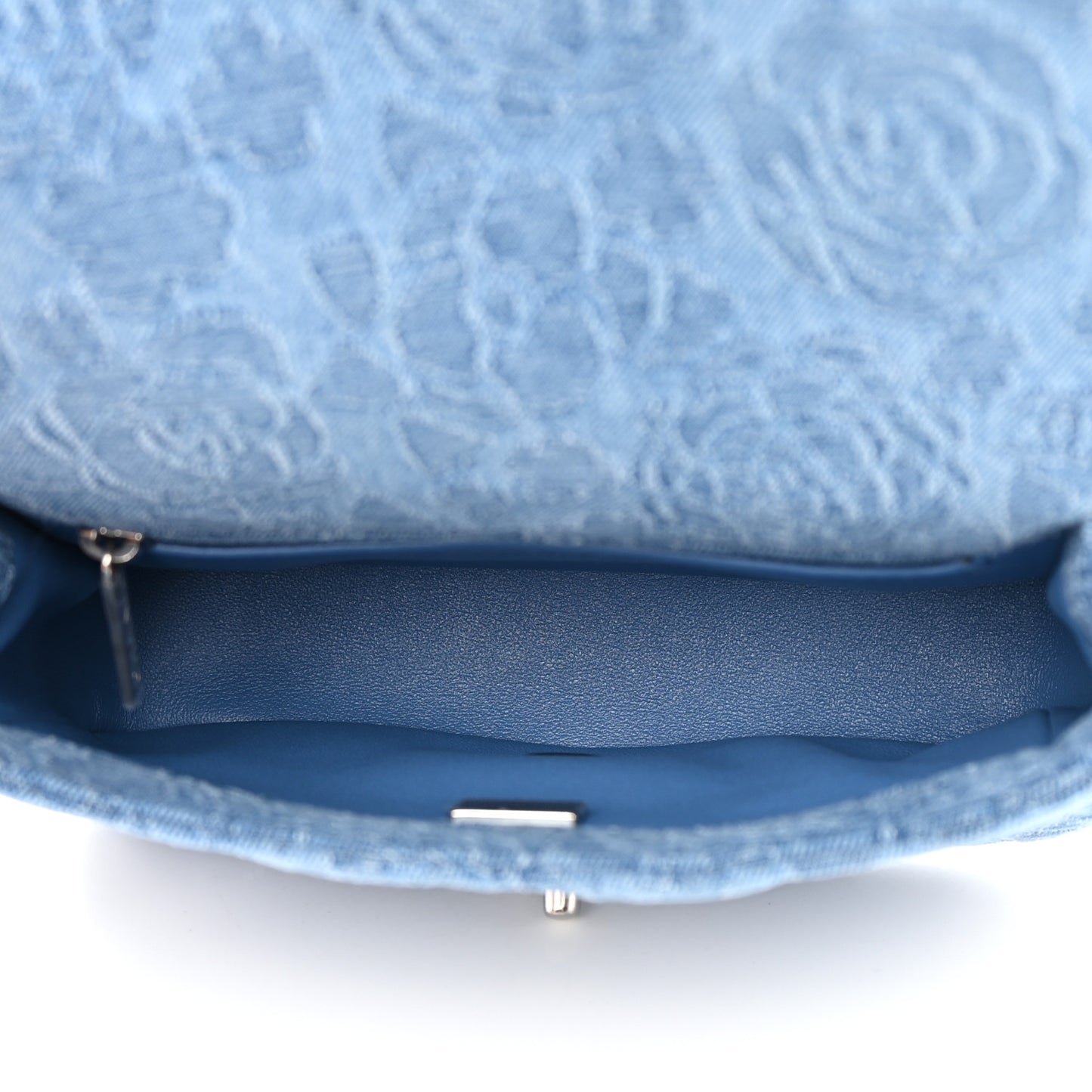 Denim Quilted Camellia Sweetheart Mini Flap Blue